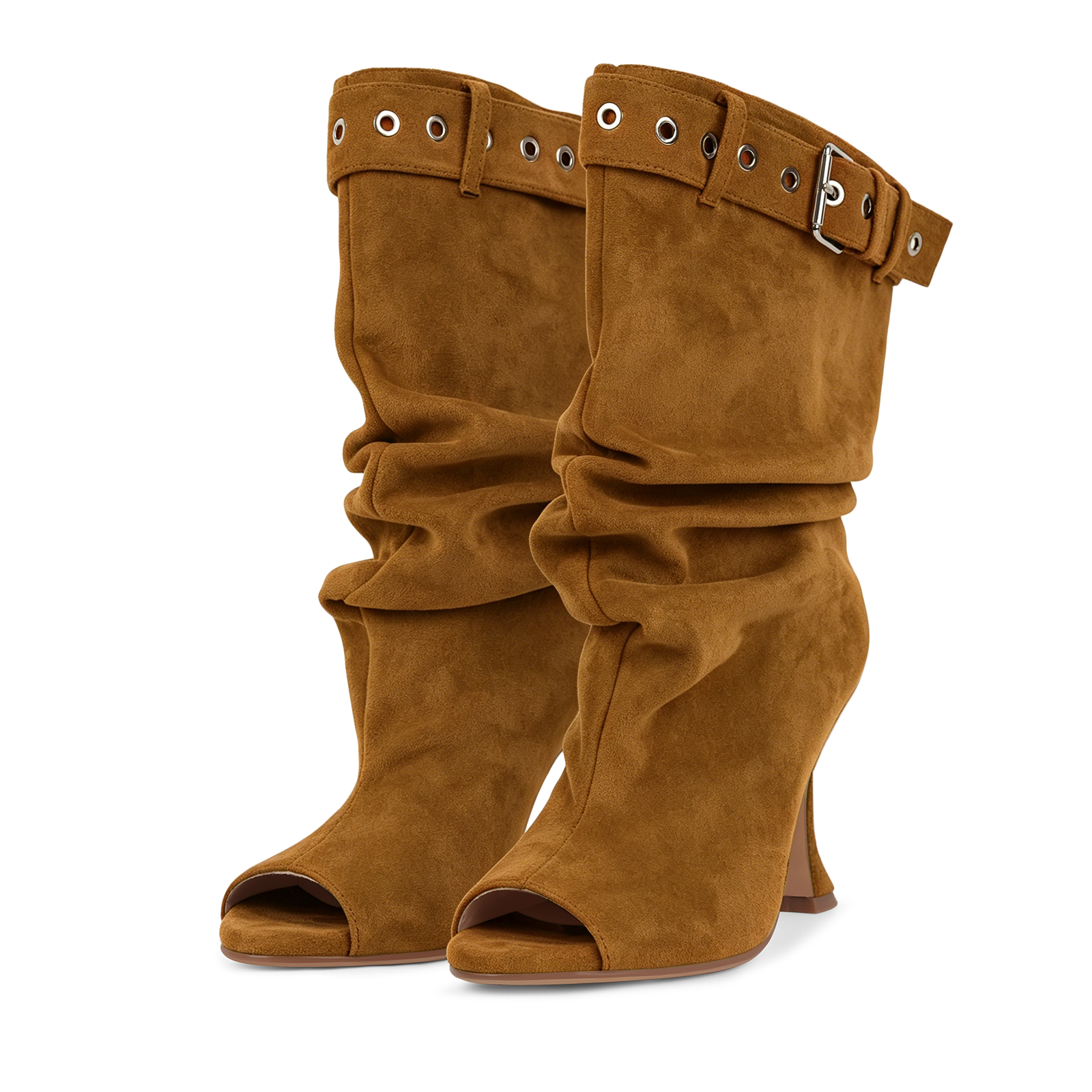 Open Toe Suede Pleated Buckle Strap Ankle Boots