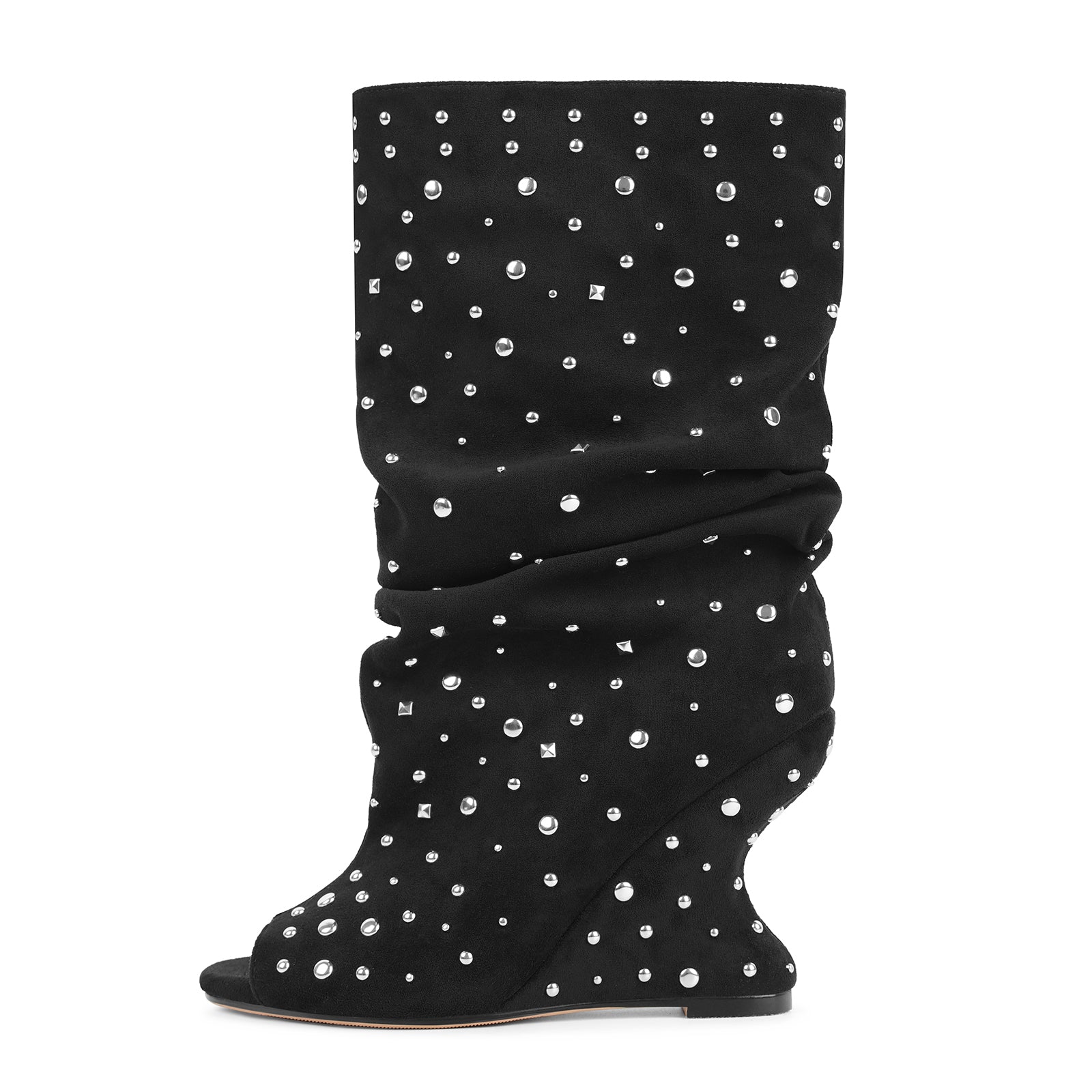 Studded Open Toe Suede Wedge Heel Ankle Boots