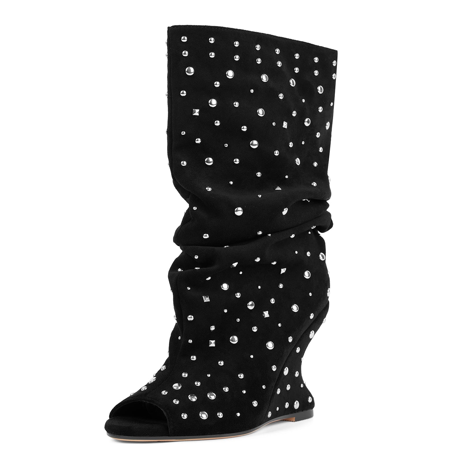 Studded Open Toe Suede Wedge Heel Ankle Boots