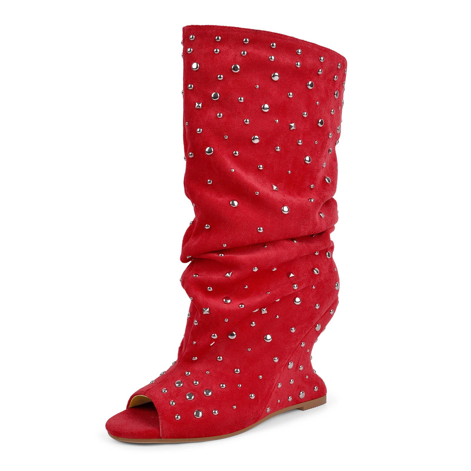 Studded Open Toe Suede Wedge Heel Ankle Boots