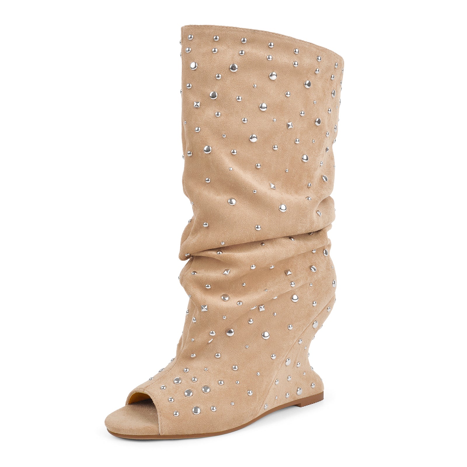 Studded Open Toe Suede Wedge Heel Ankle Boots