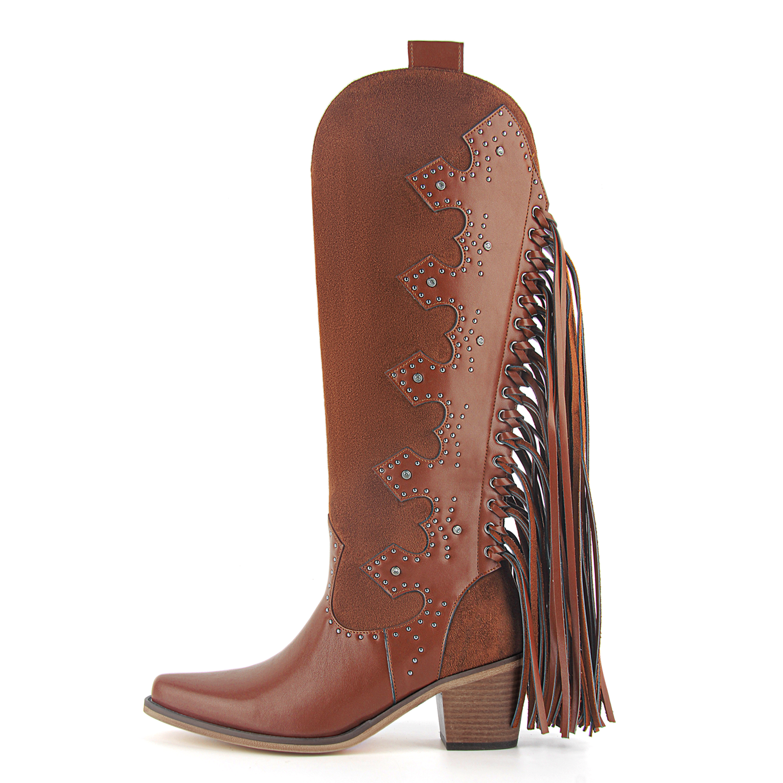 Studded Fringe Knee High Western Boots