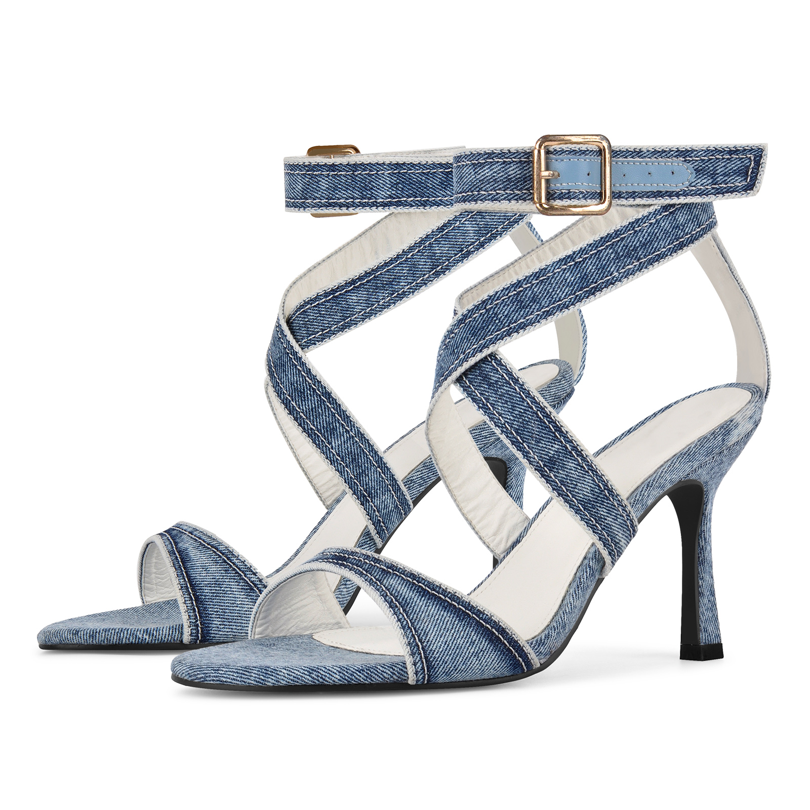 Denim Round Toe Cross Ankle Strap Sandals