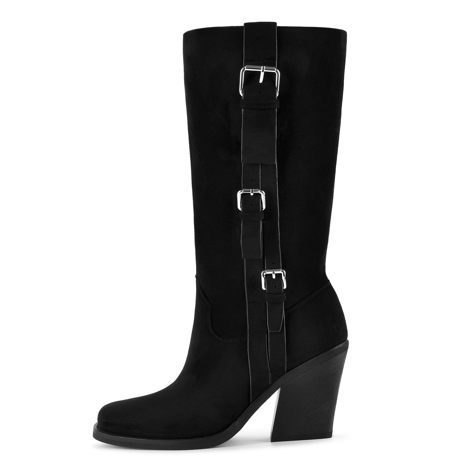 Square Toe Suede Buckle Strap Western Mid-Calf Boots