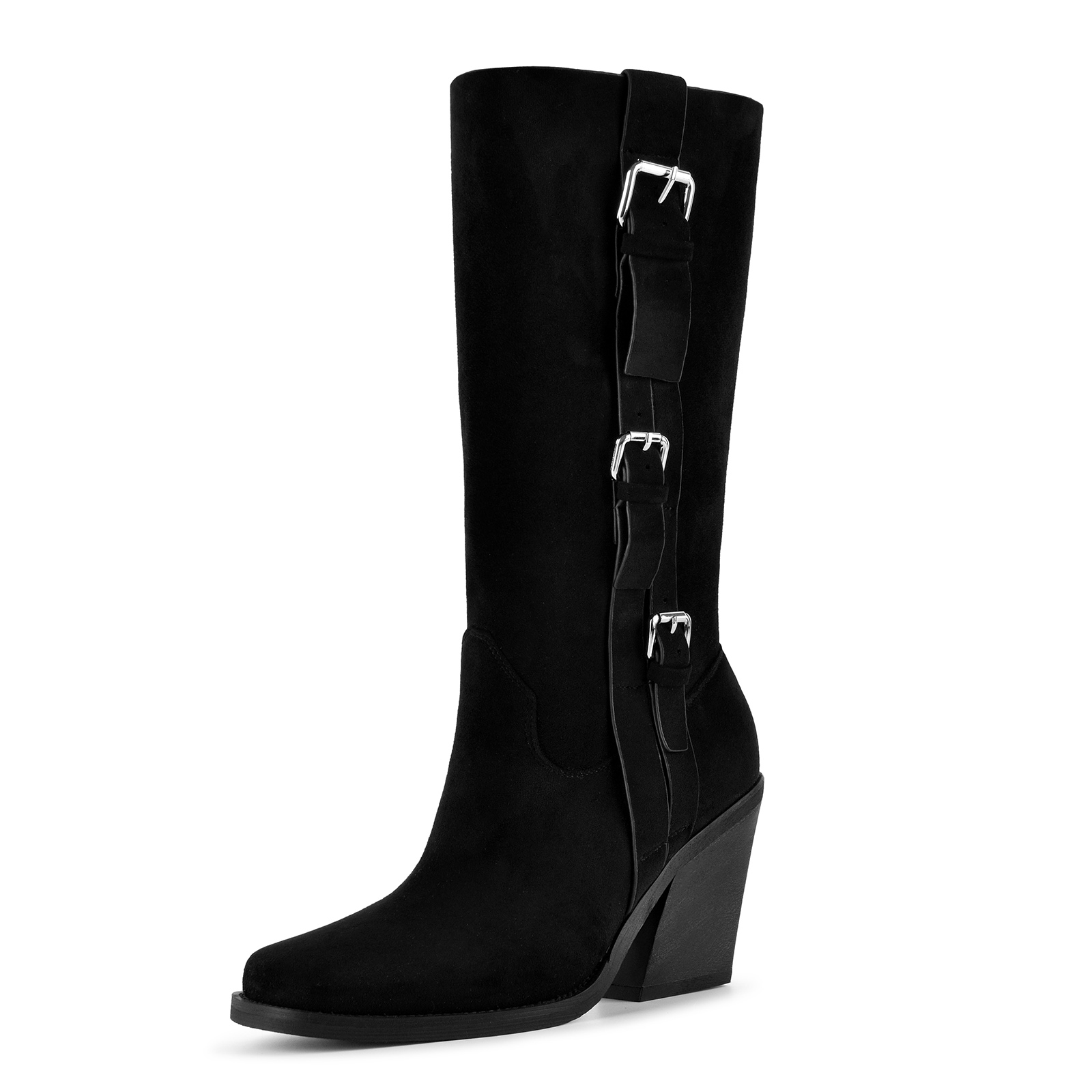 Square Toe Suede Buckle Strap Western Mid-Calf Boots