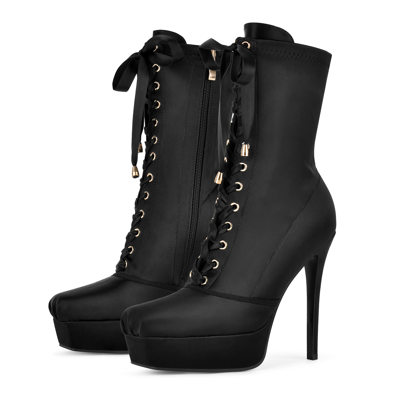 Square Toe Platform Satin Lace-up Ankle Boots