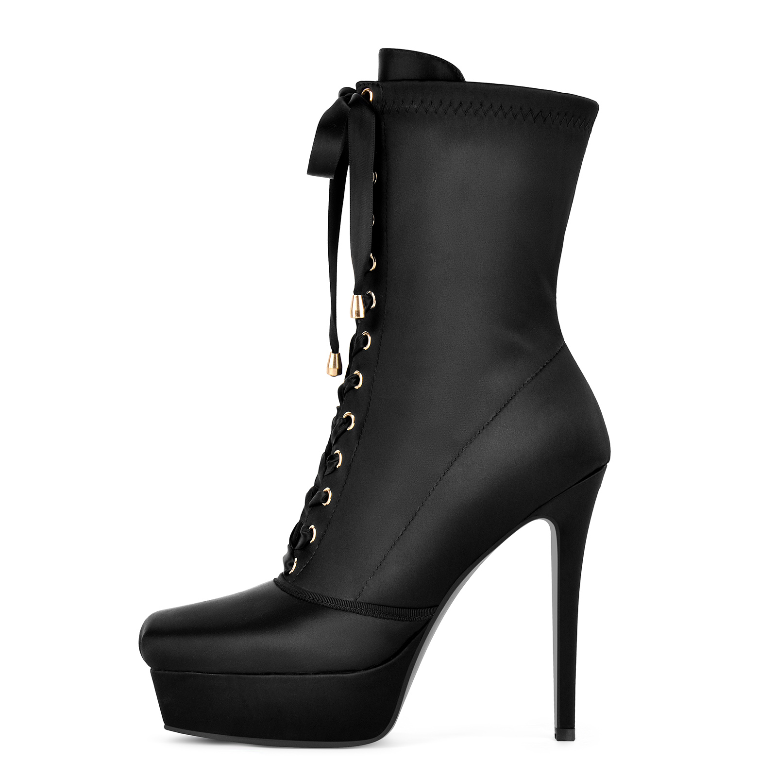 Square Toe Platform Satin Lace-up Ankle Boots