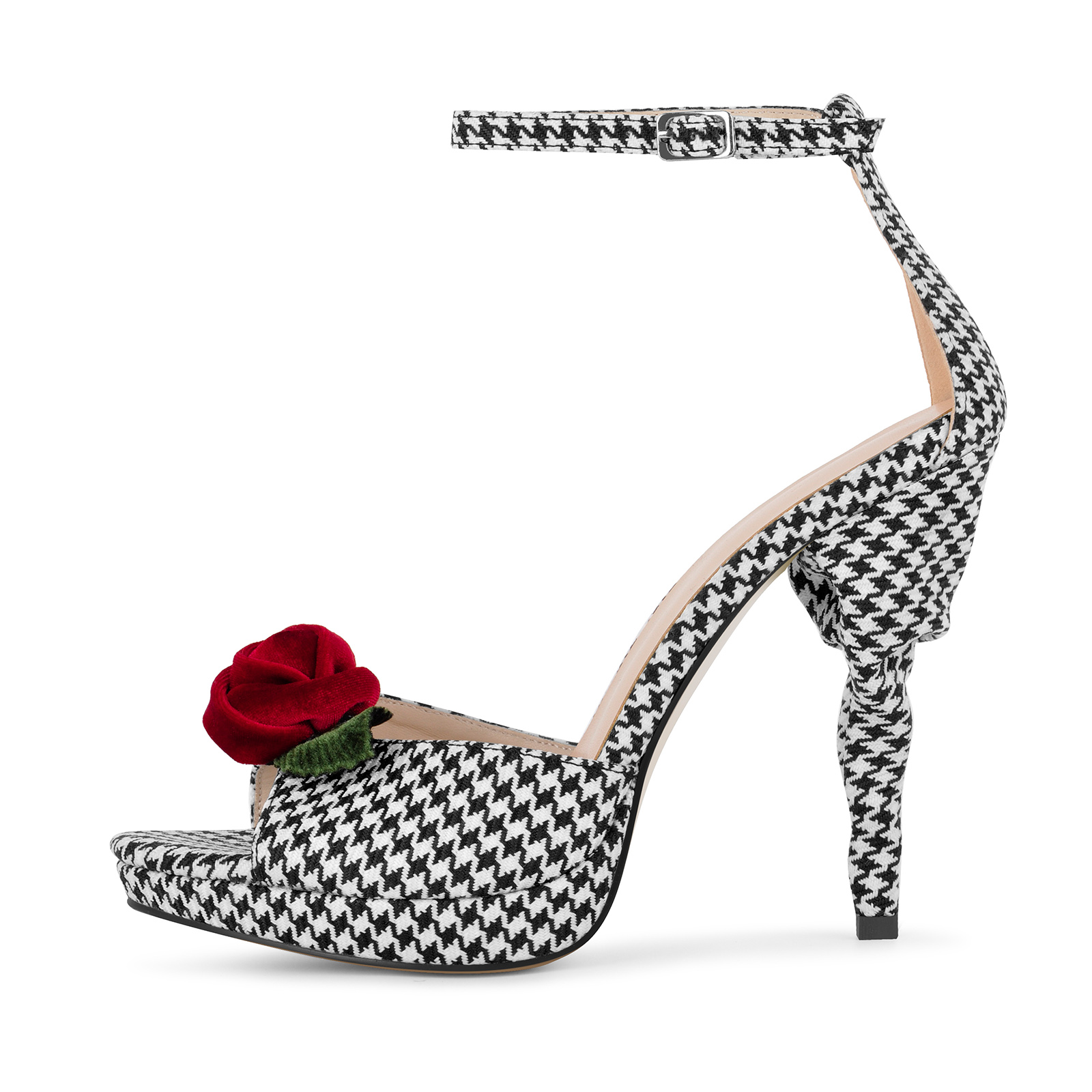 Houndstooth Rose Platform Ankle Strap Sandals
