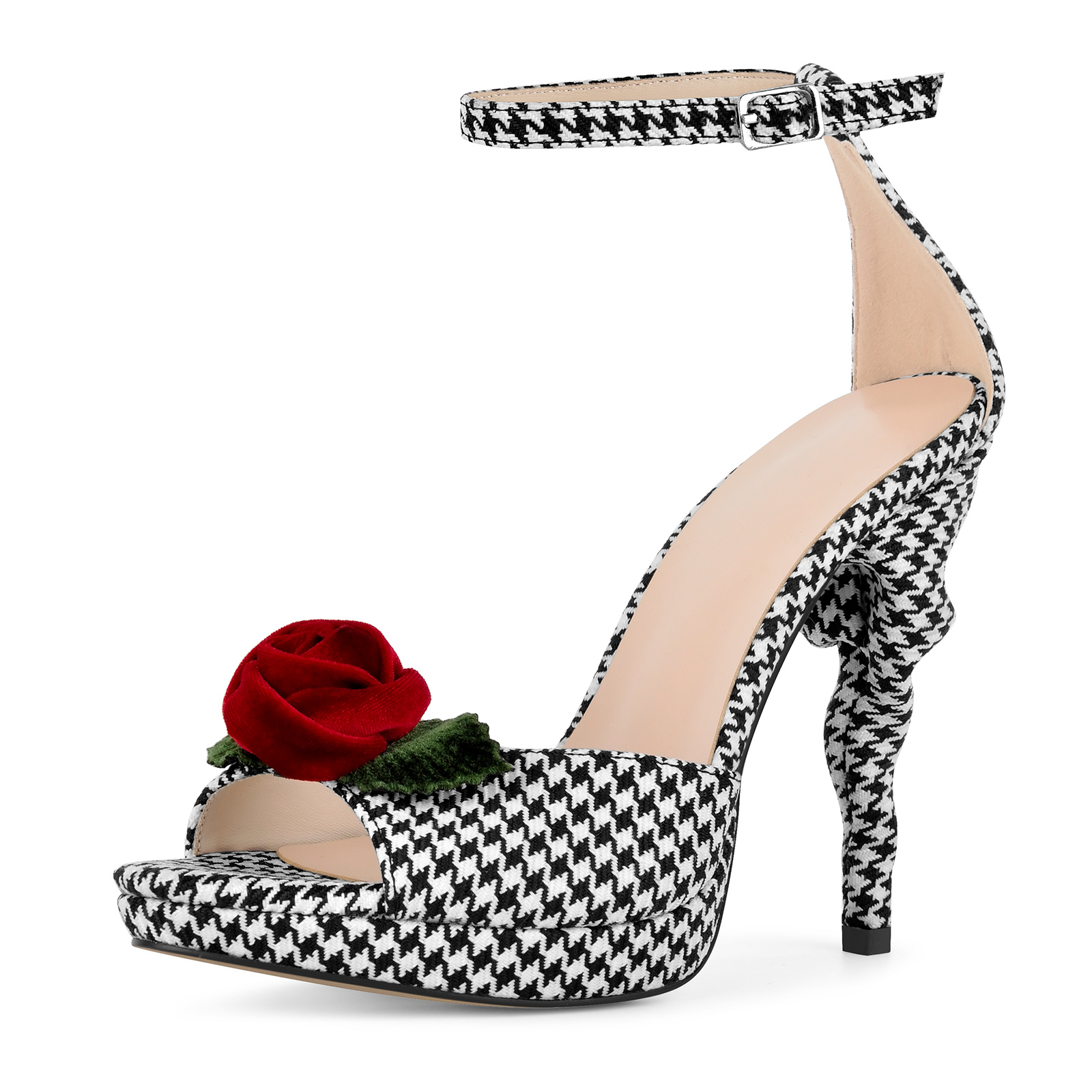 Houndstooth Rose Platform Ankle Strap Sandals