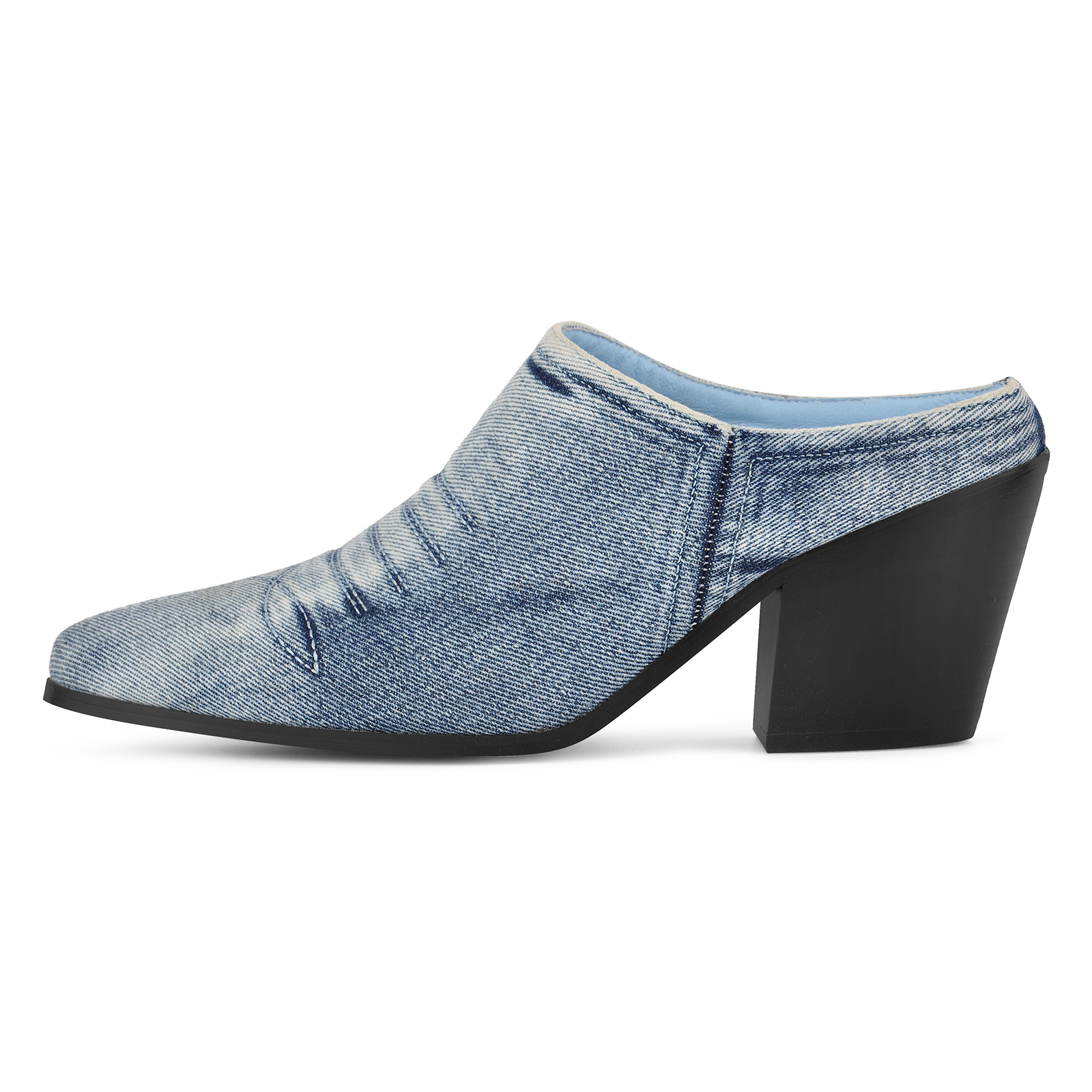 Pointed Toe Denim Western Chunky Heel Mules