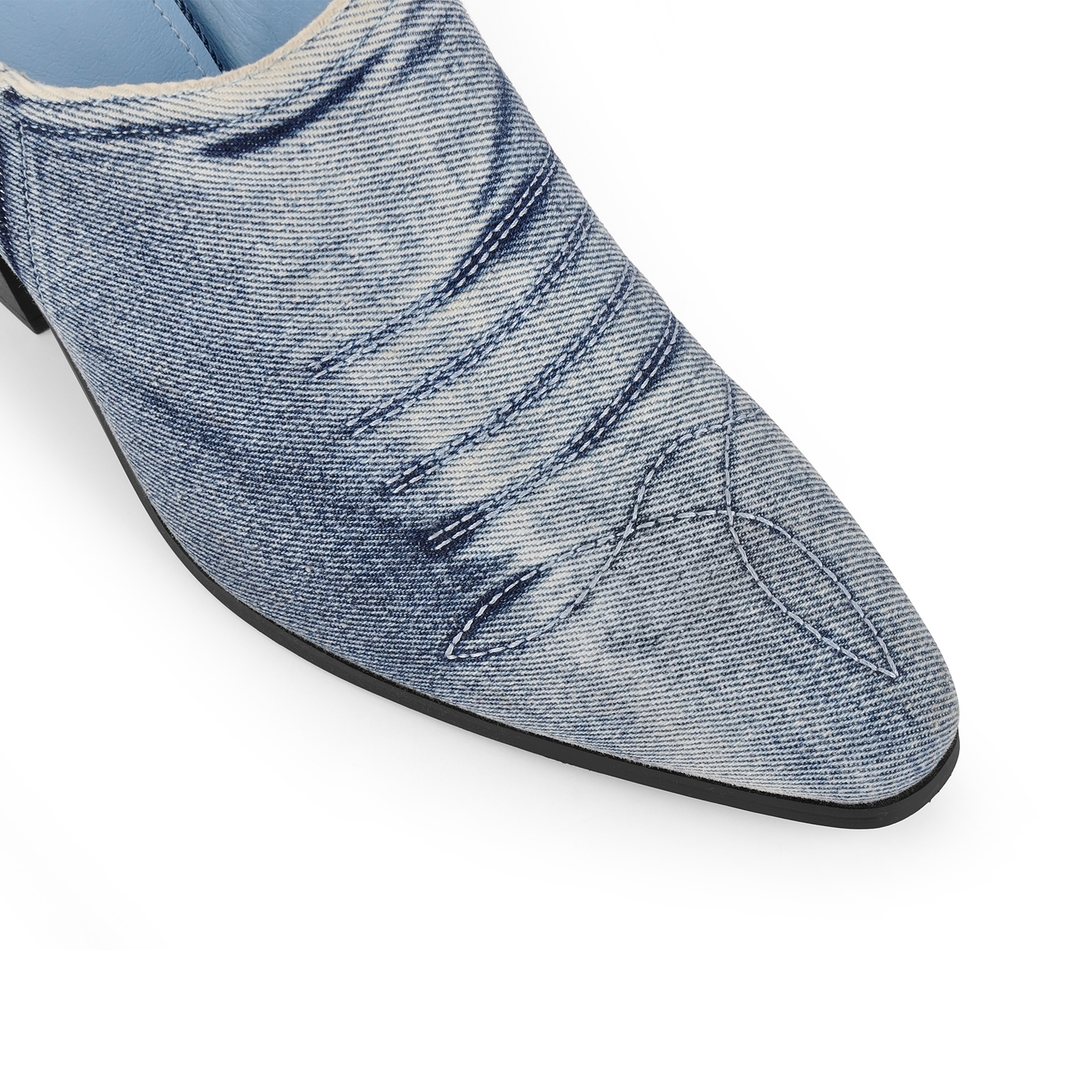 Pointed Toe Denim Western Chunky Heel Mules