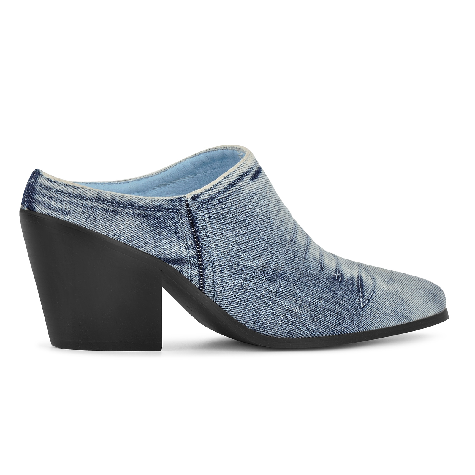 Pointed Toe Denim Western Chunky Heel Mules