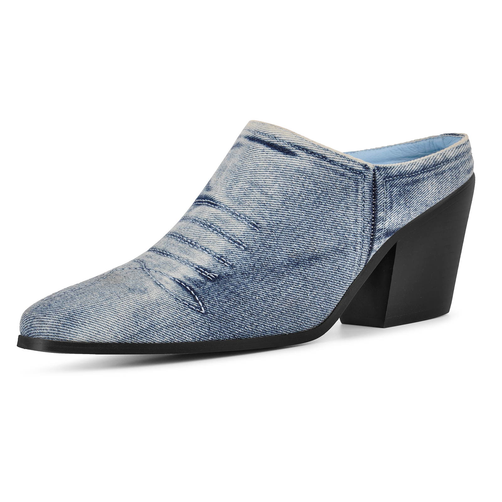 Pointed Toe Denim Western Chunky Heel Mules