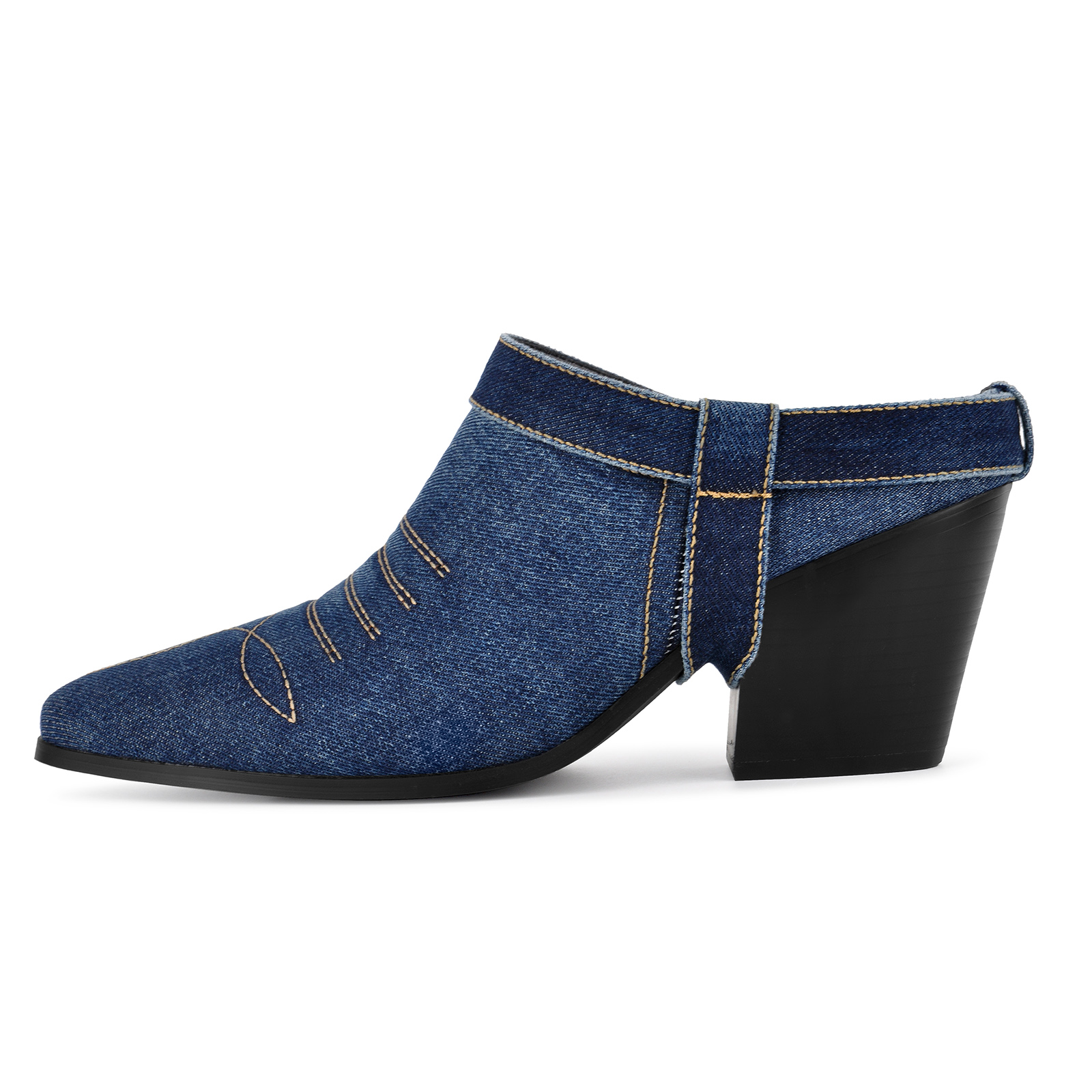 Pointed Toe Denim Western Chunky Heel Mules
