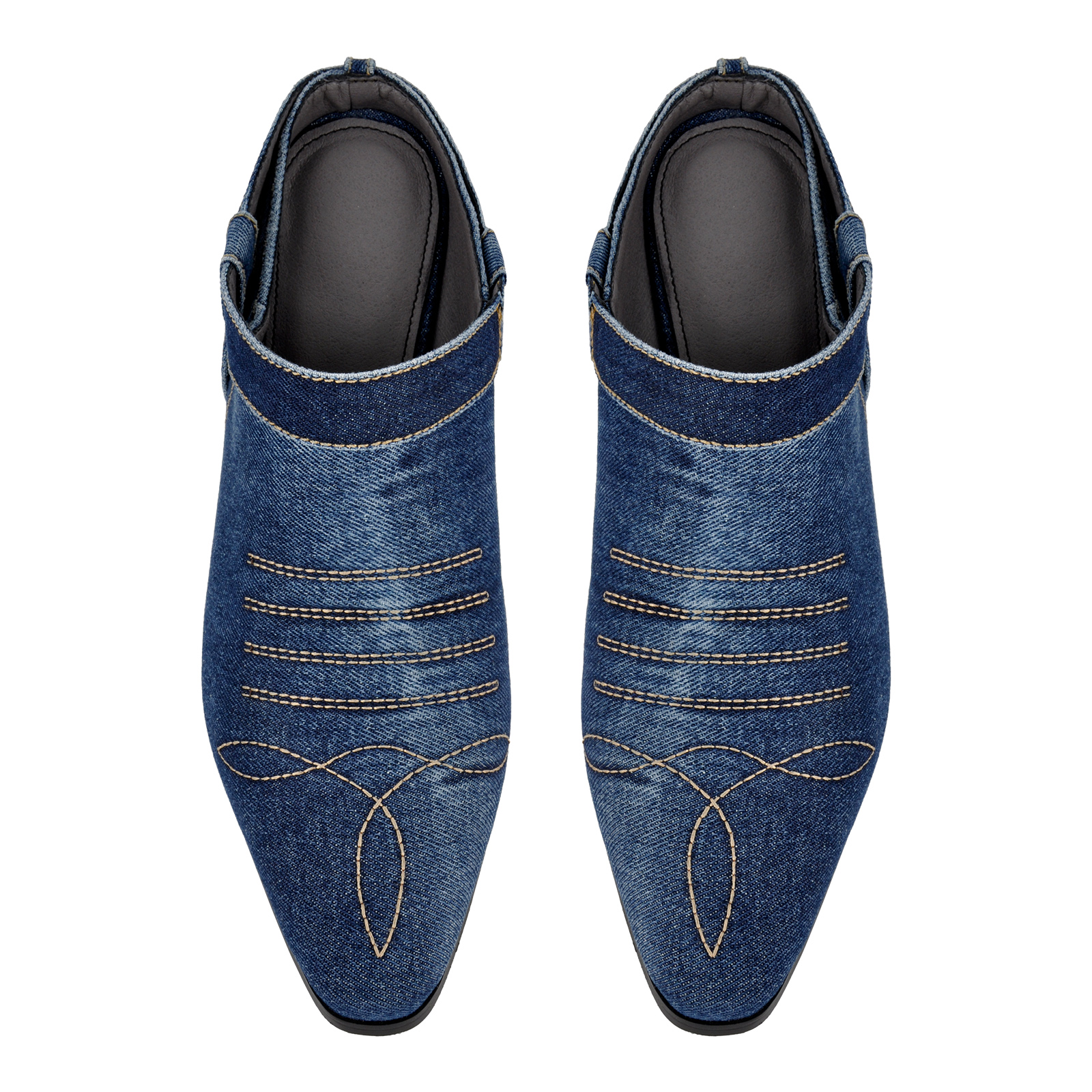 Pointed Toe Denim Western Chunky Heel Mules
