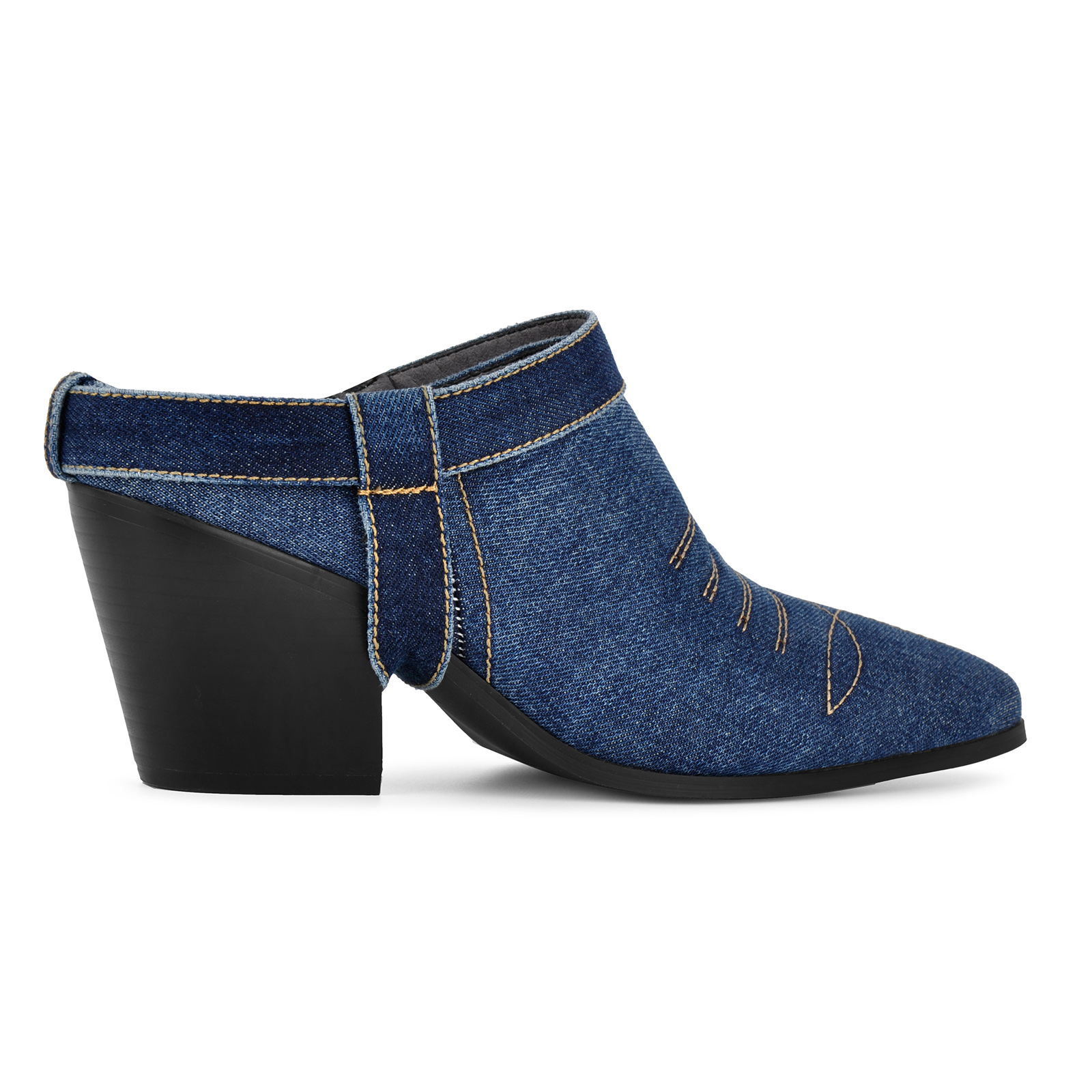 Pointed Toe Denim Western Chunky Heel Mules