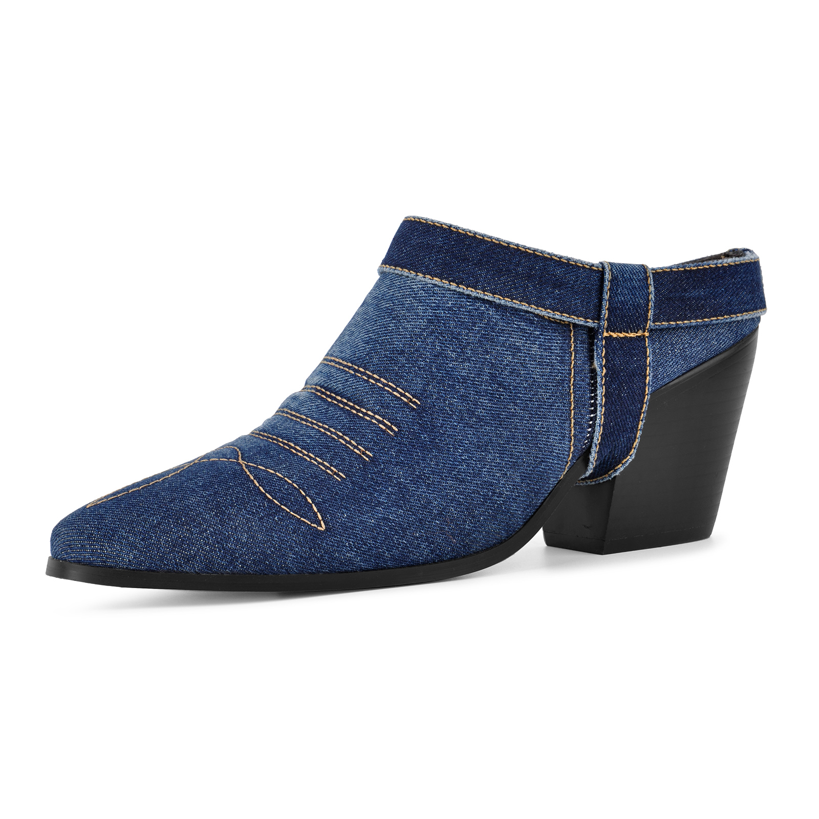Pointed Toe Denim Western Chunky Heel Mules