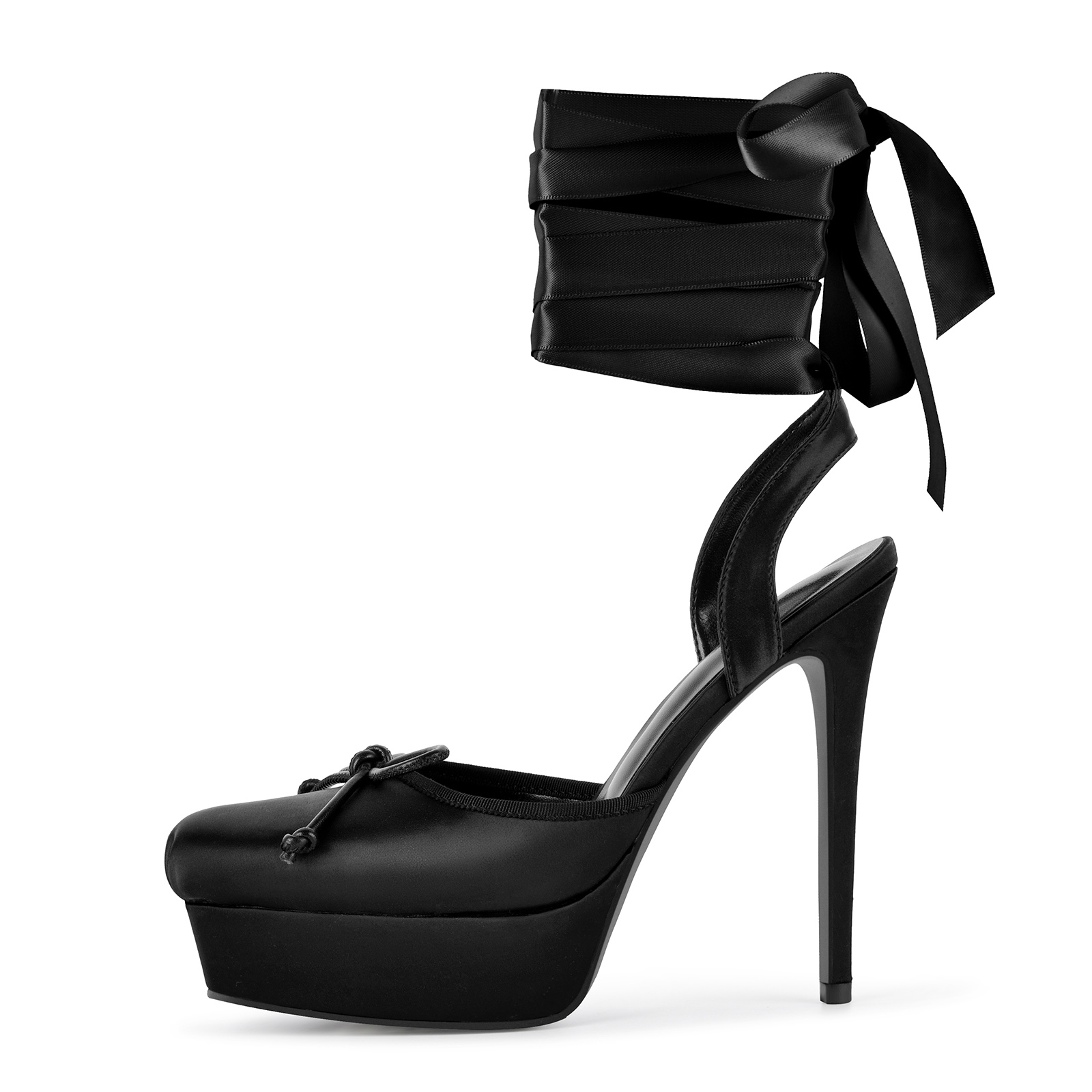 Square Toe Platform Bow Satin Lace-up Pumps