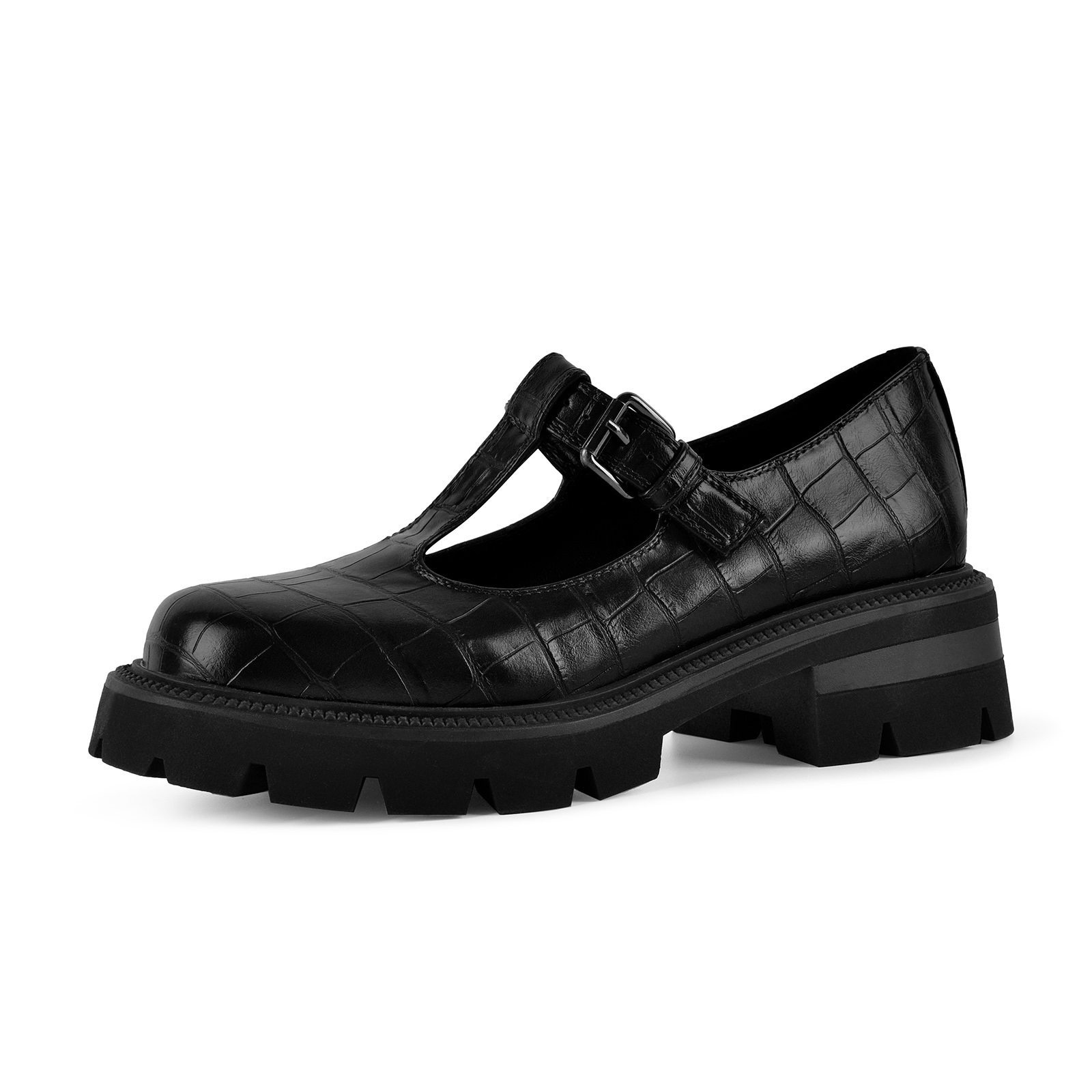 Platform Stone T-Strap Loafer Pumps