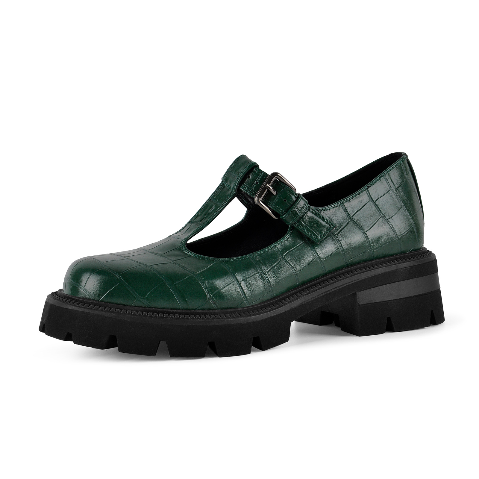 Platform Stone T-Strap Loafer Pumps