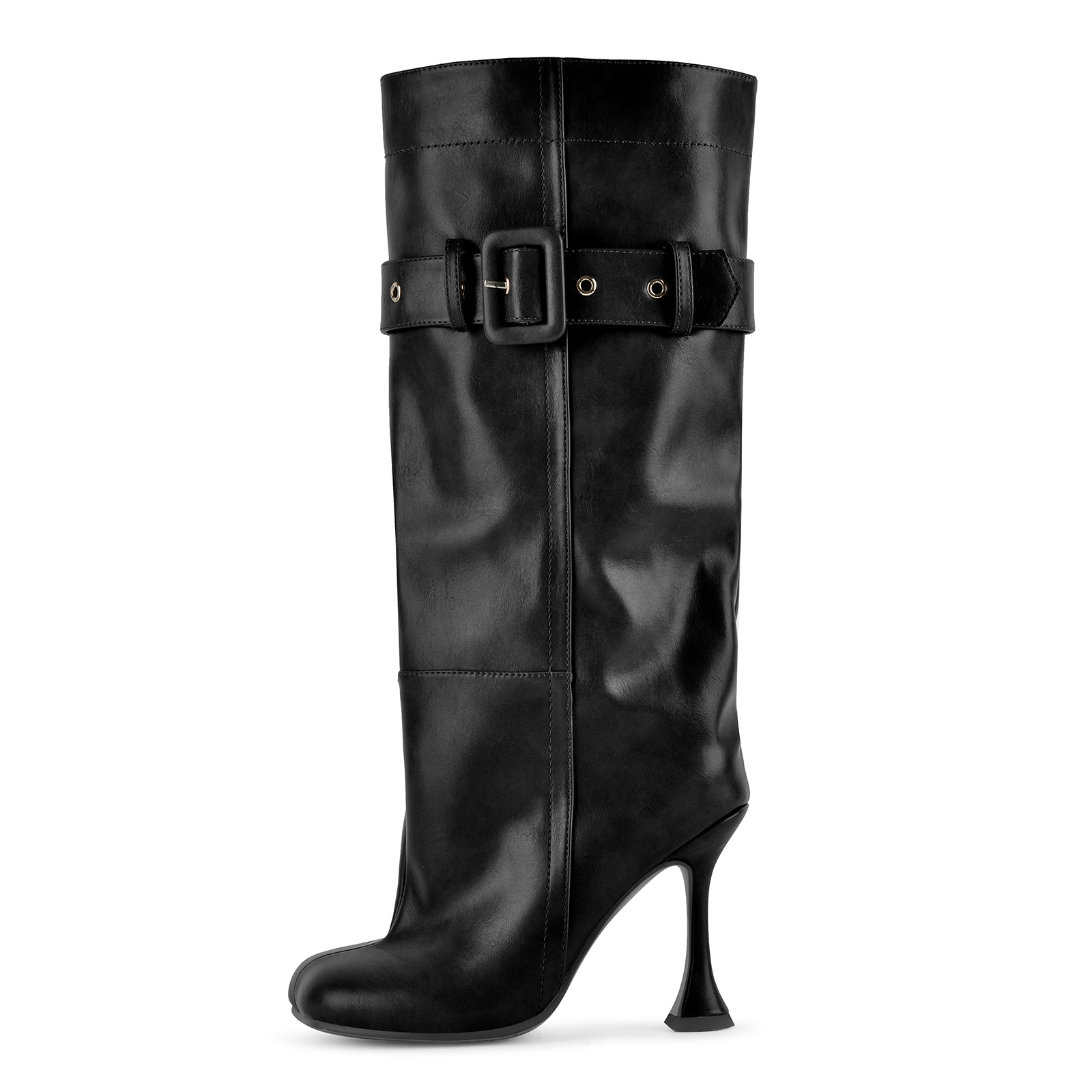 Square Toe Buckle Strap Knee High Stiletto Boots