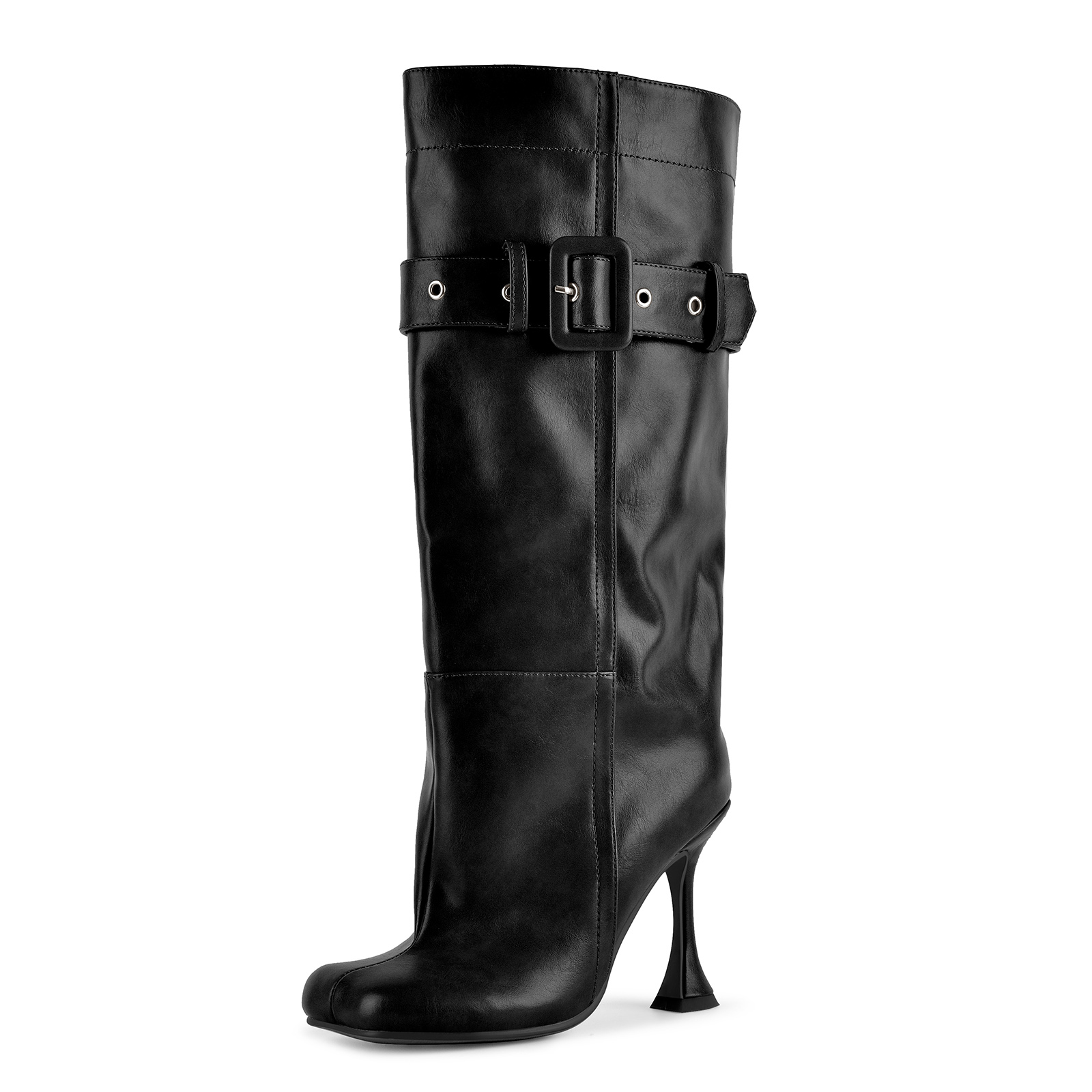 Square Toe Buckle Strap Knee High Stiletto Boots