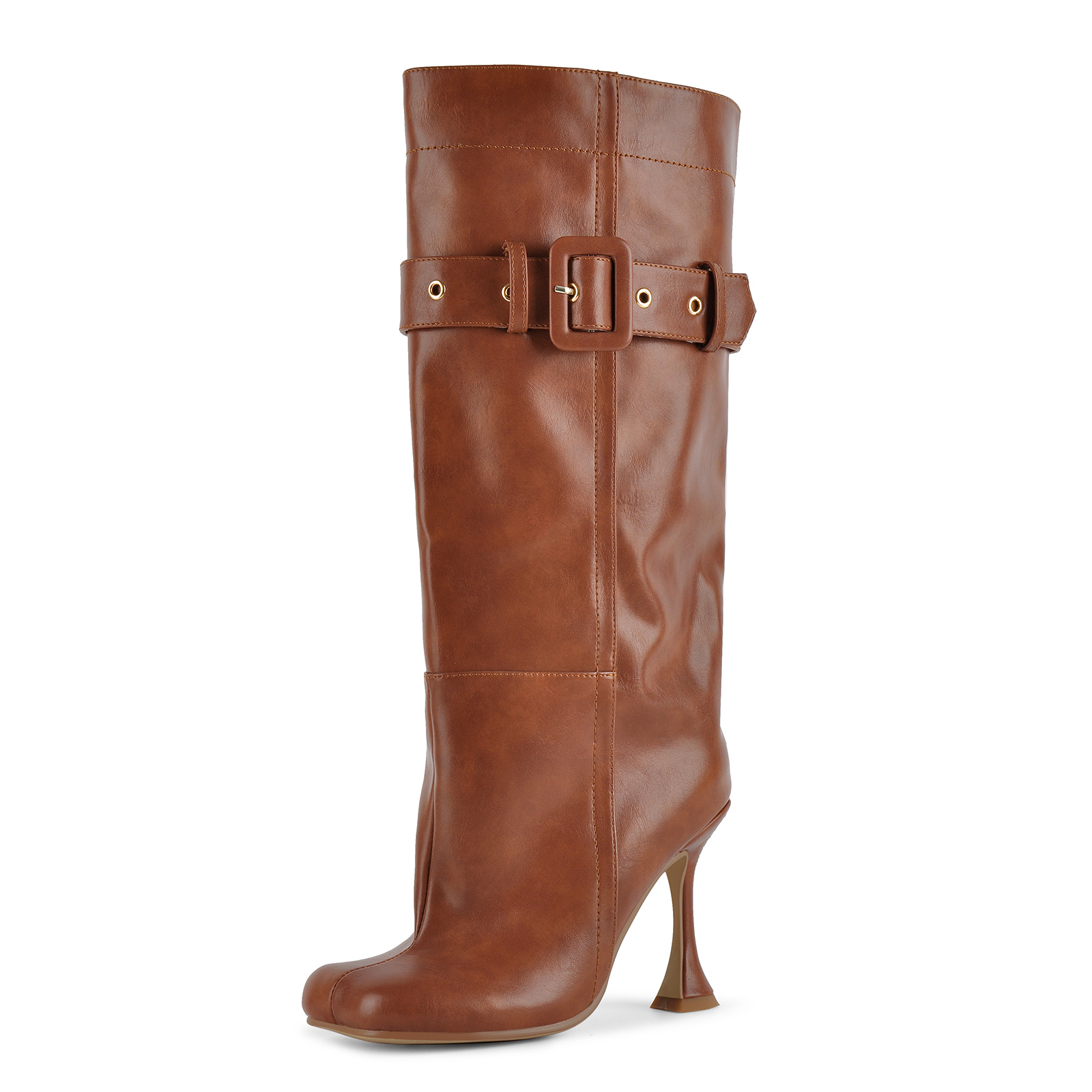 Square Toe Buckle Strap Knee High Stiletto Boots