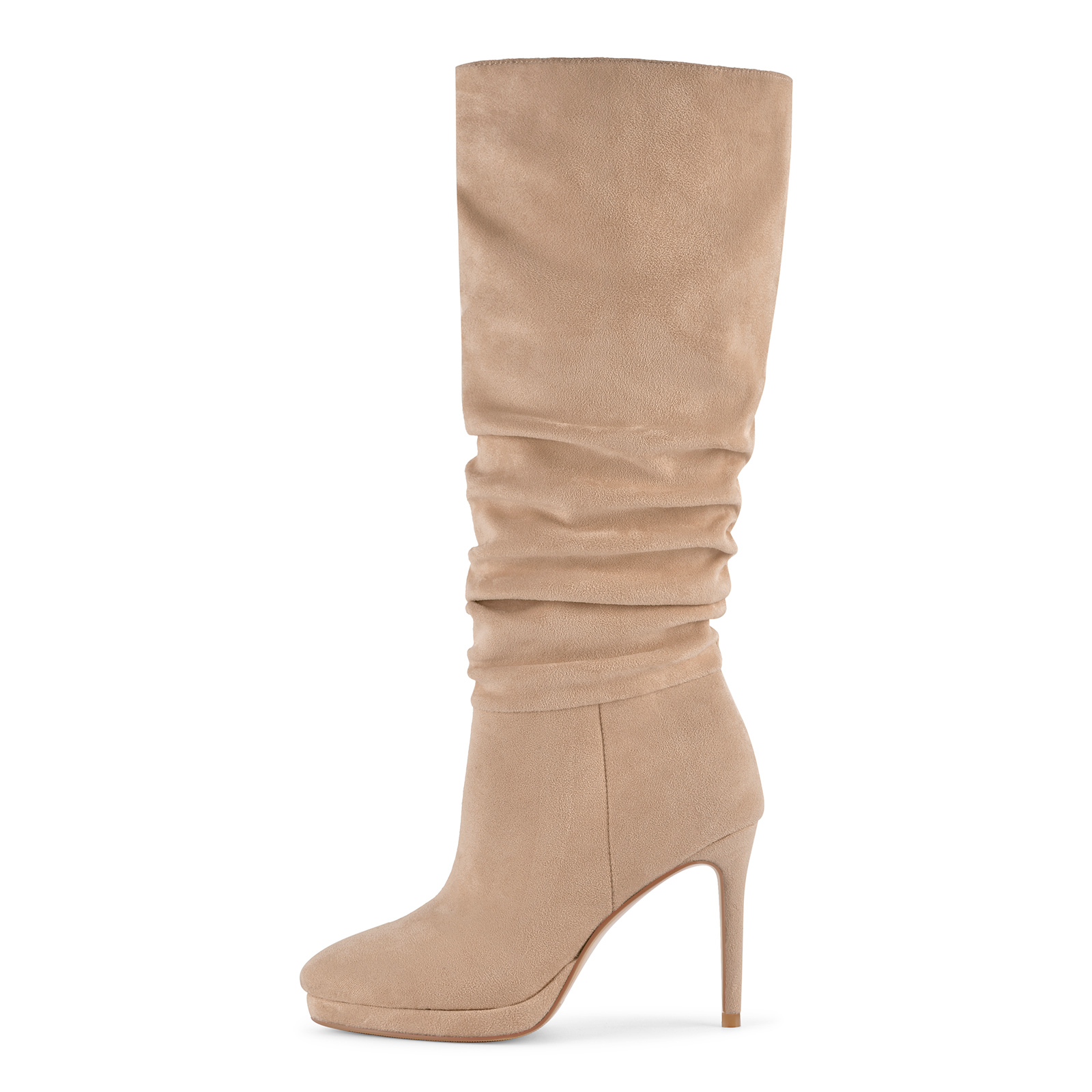 Suede Low Platform Ruched Knee High Boots