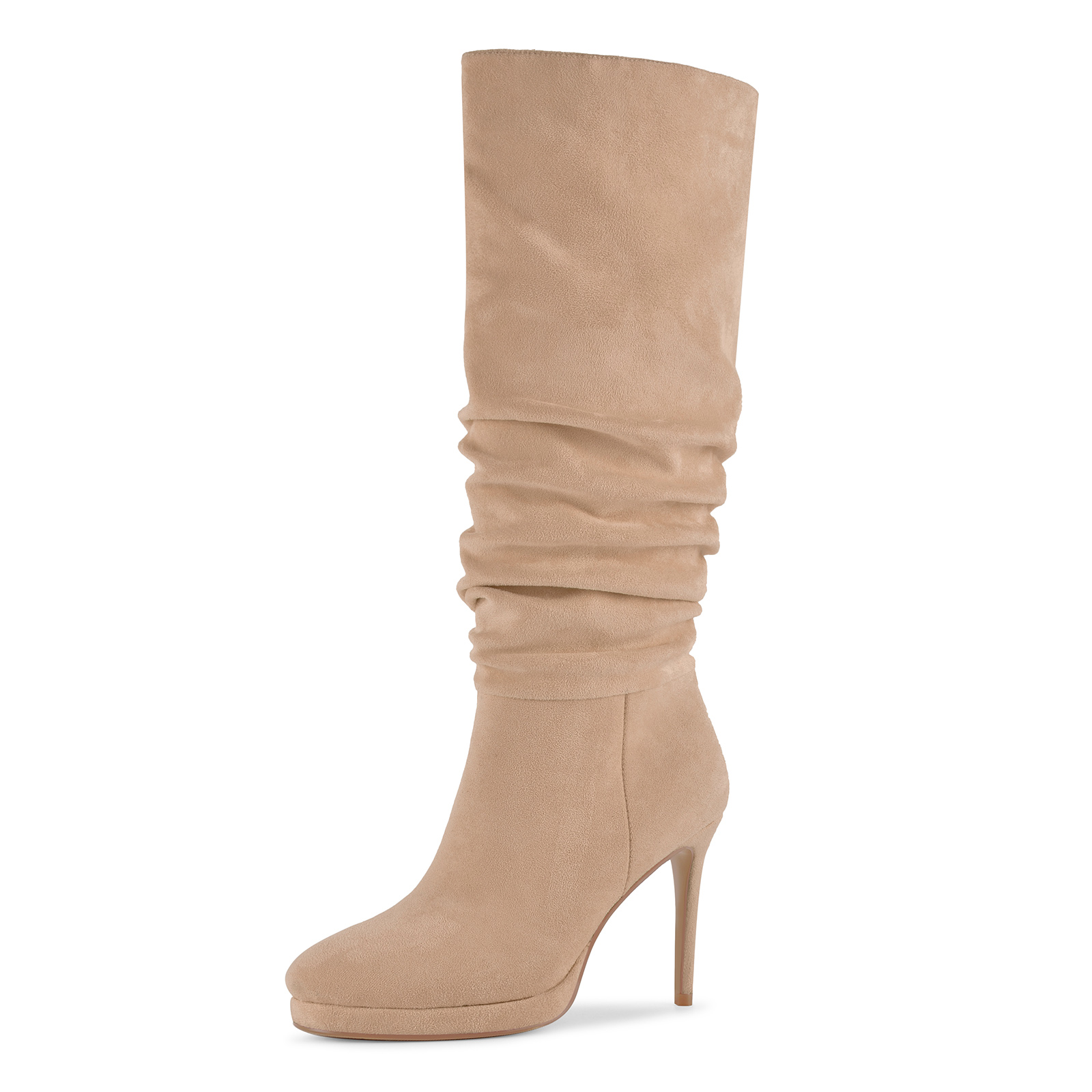 Suede Low Platform Ruched Knee High Boots