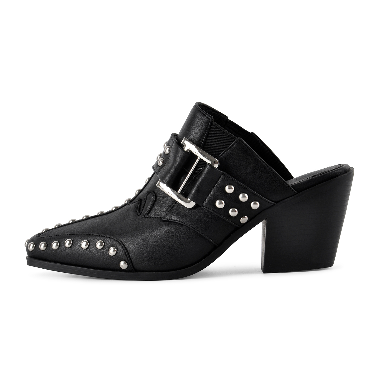 Pointed Toe Studded Buckle Western Mules