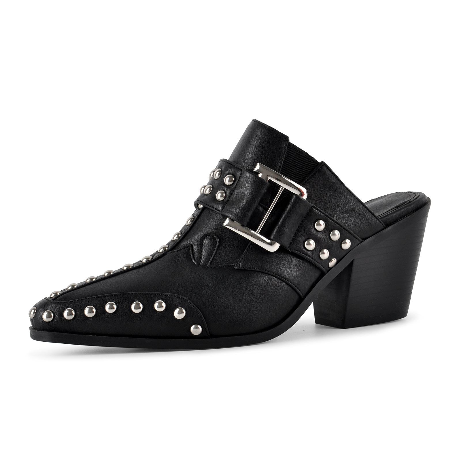 Pointed Toe Studded Buckle Western Mules