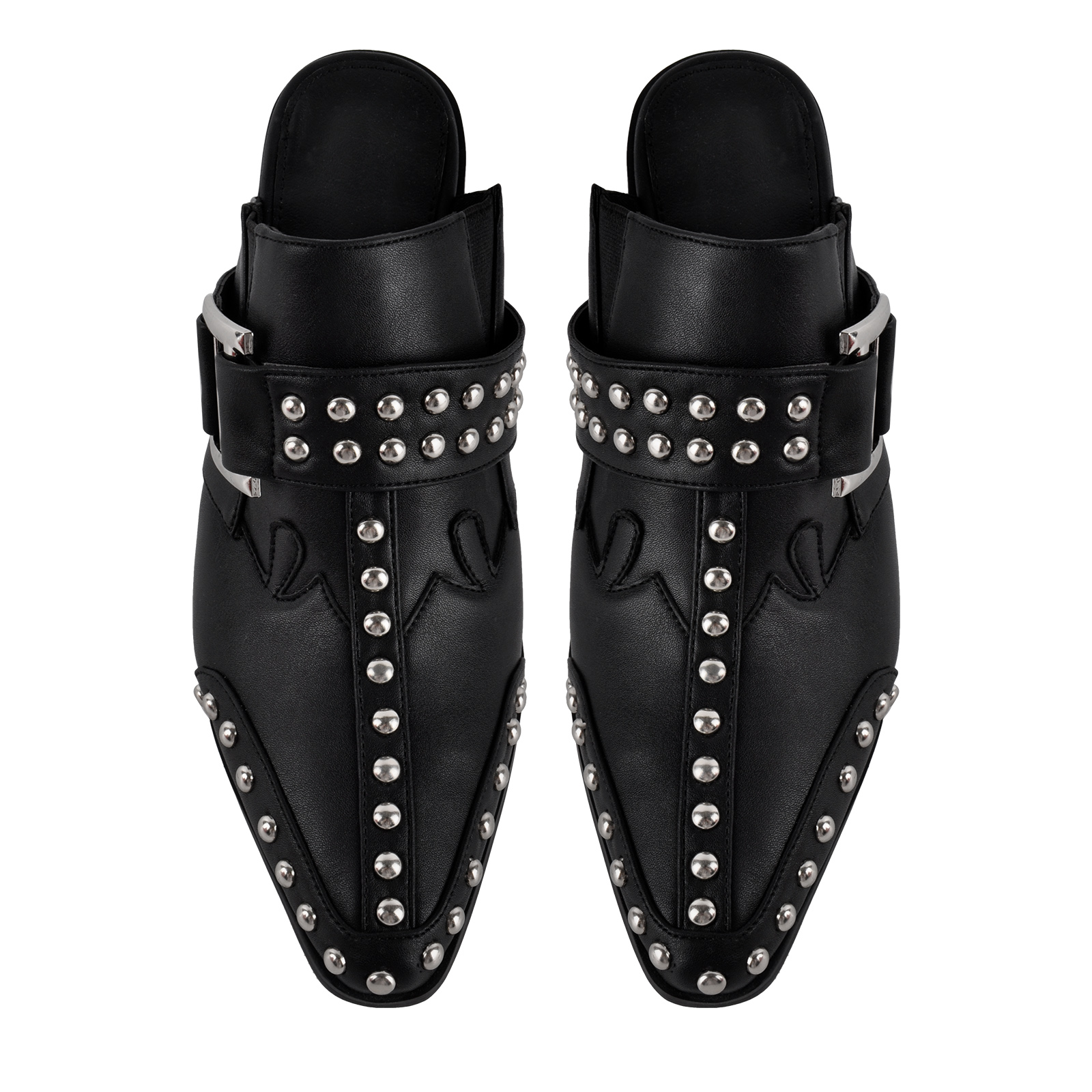 Pointed Toe Studded Buckle Western Mules