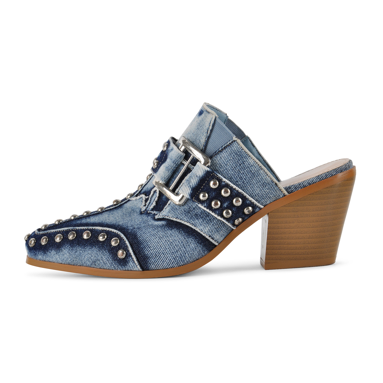Pointed Toe Studded Buckle Western Mules