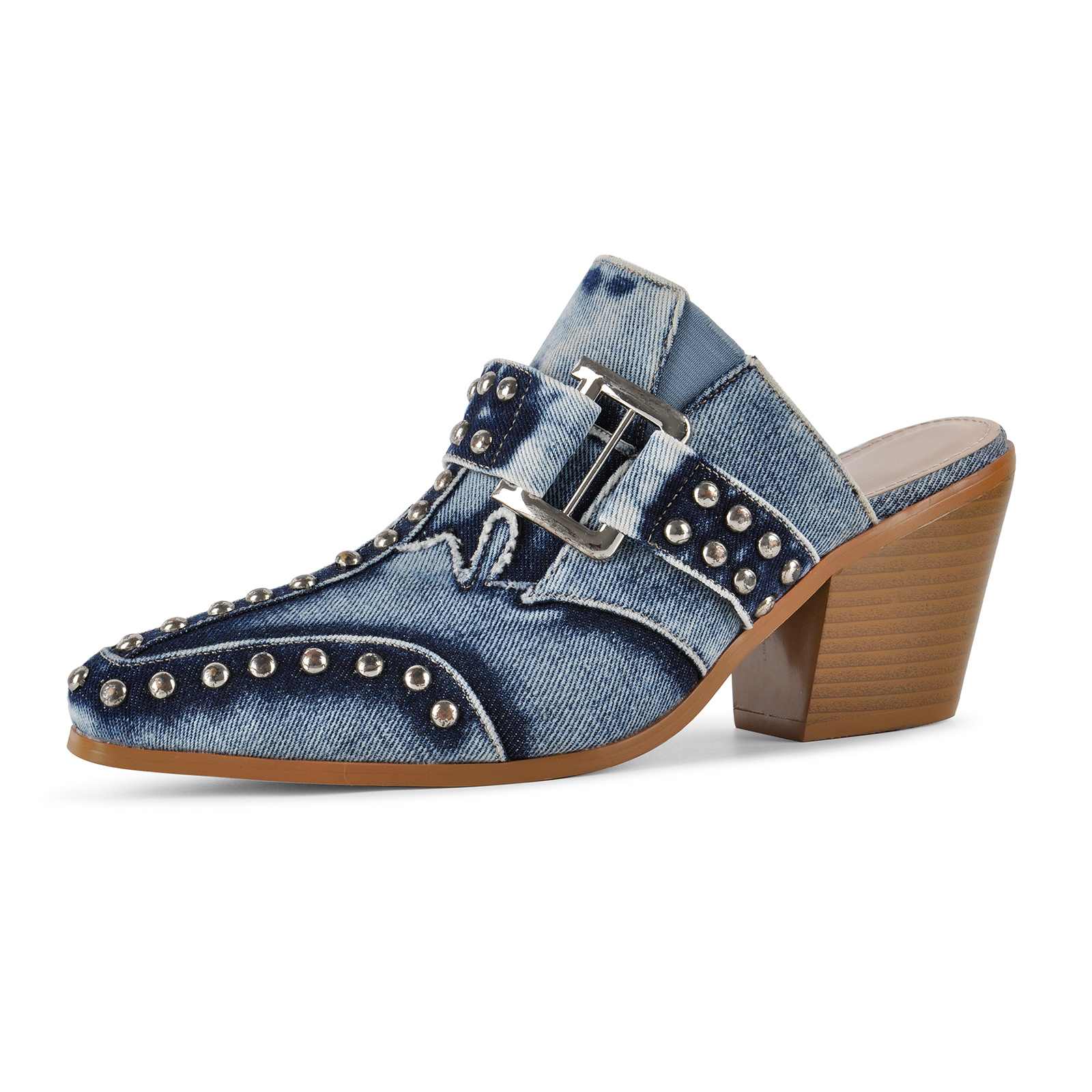 Pointed Toe Studded Buckle Western Mules