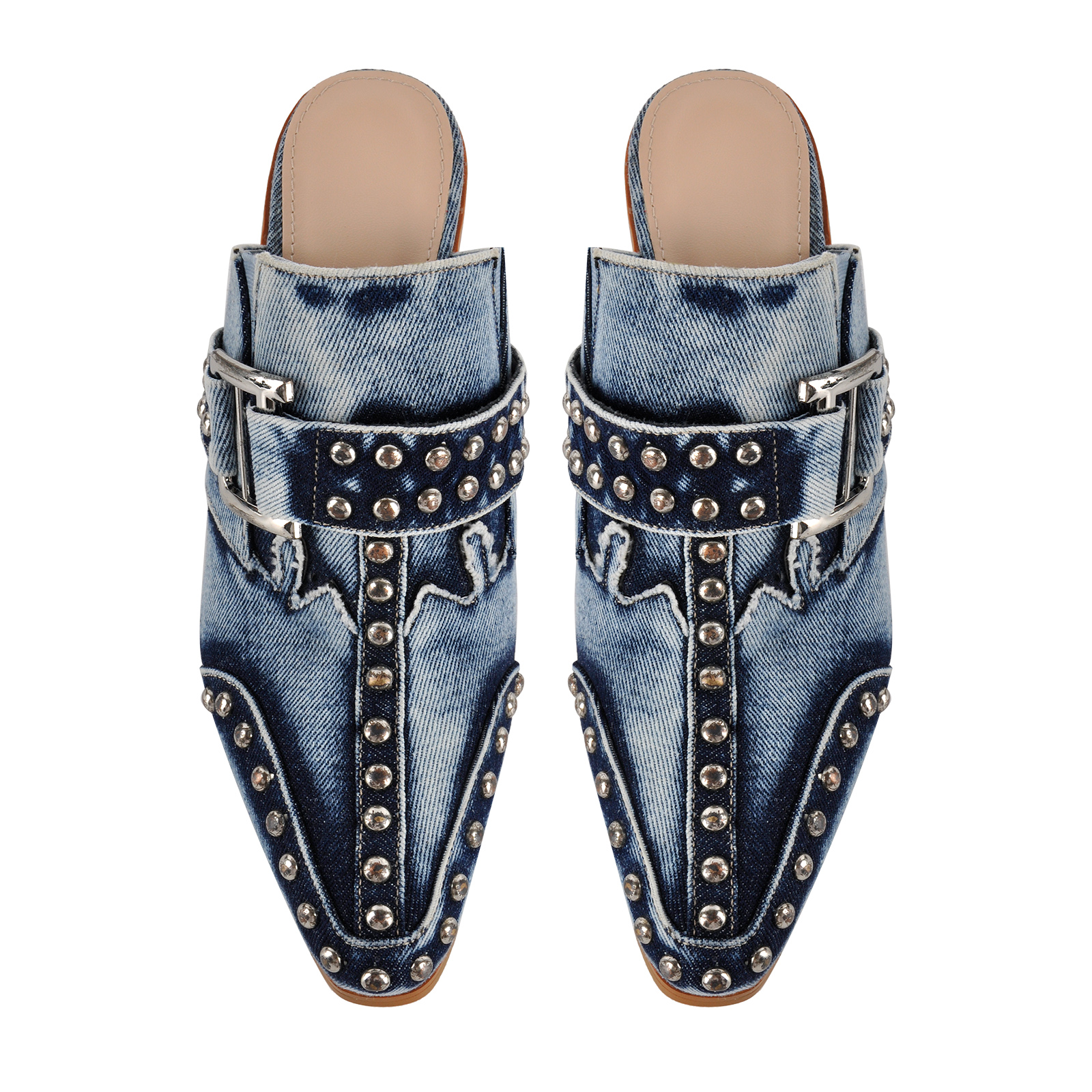 Pointed Toe Studded Buckle Western Mules