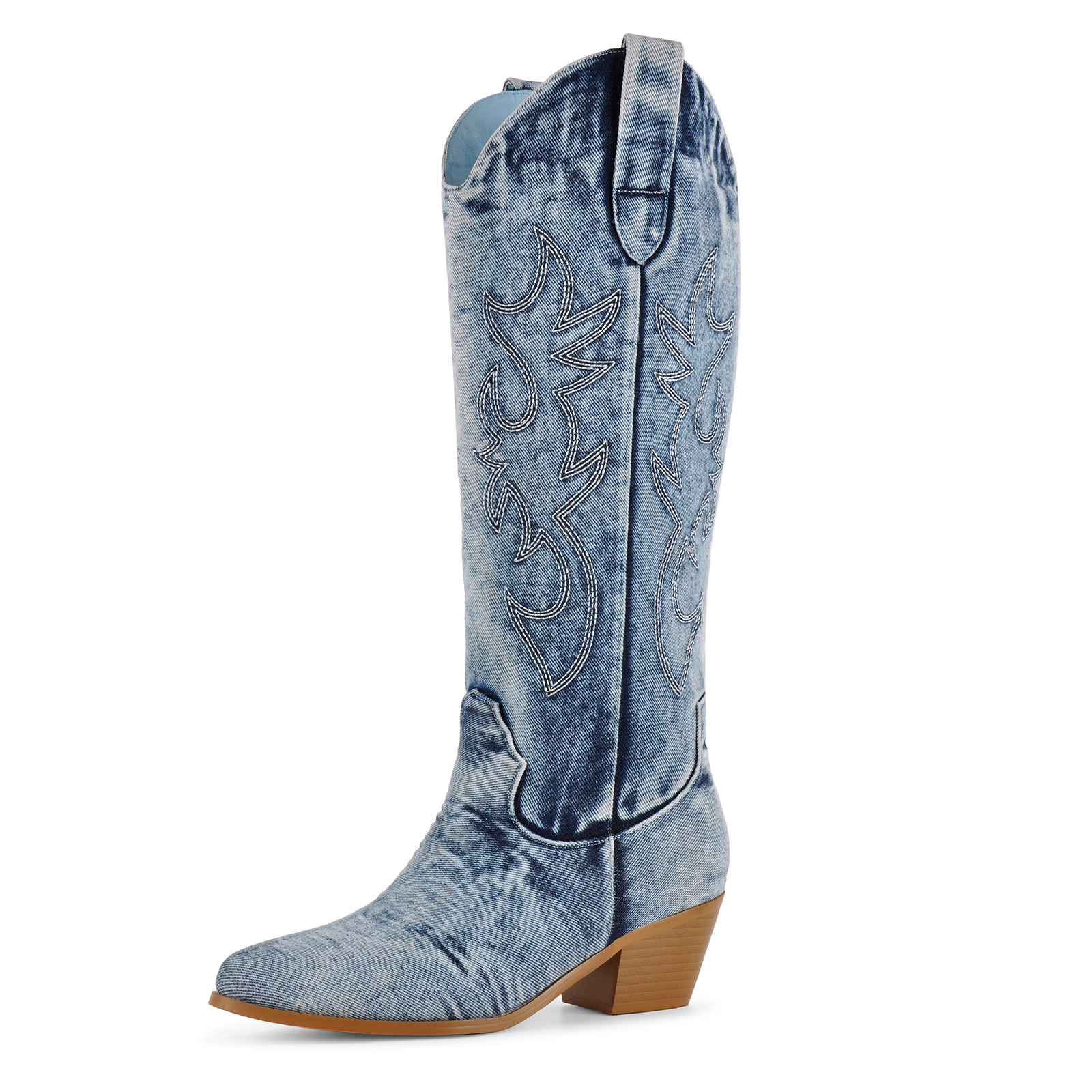 Denim Embroidery Knee High Western Boots