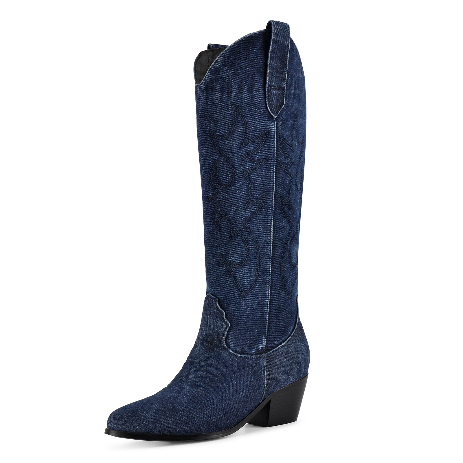 Denim Embroidery Knee High Western Boots