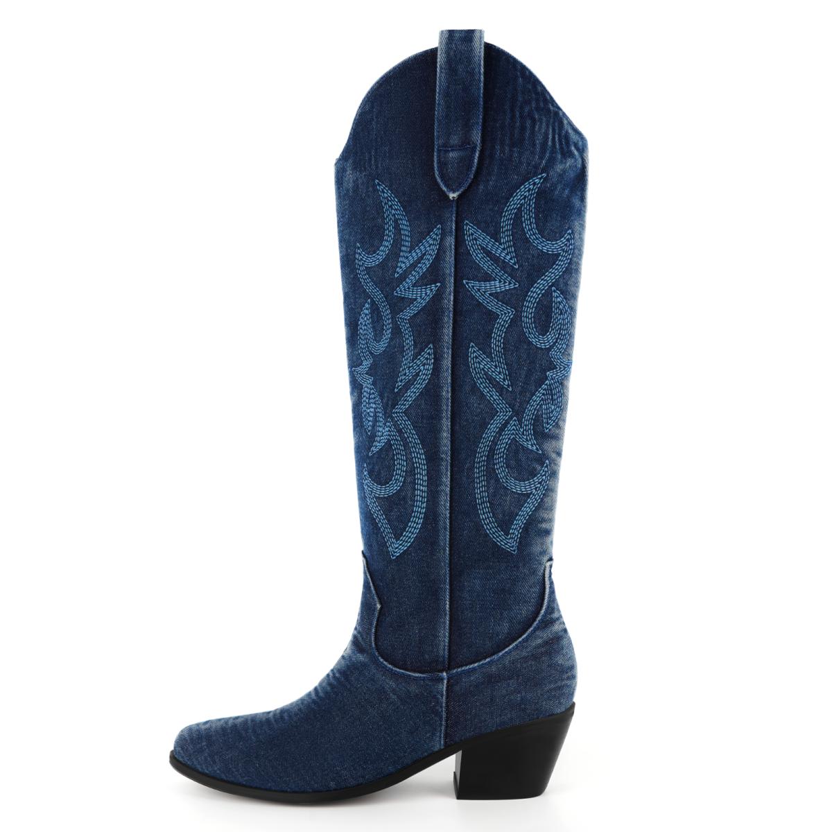 Denim Embroidery Western Knee High Boots