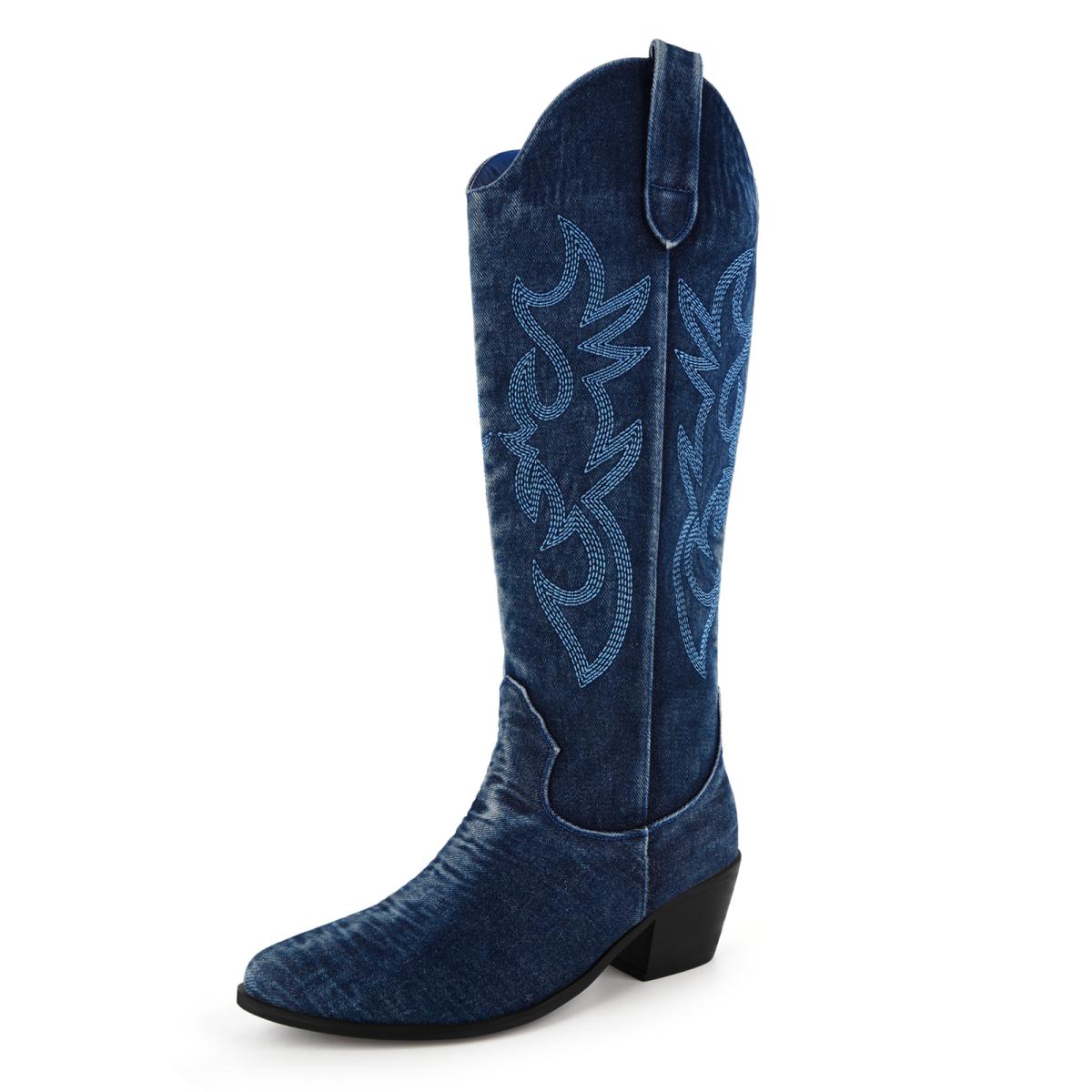 Denim Embroidery Western Knee High Boots