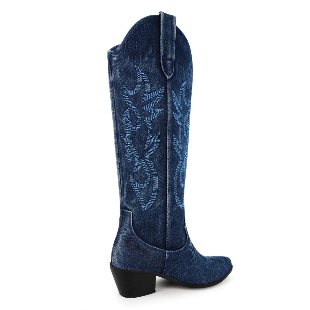 Denim Embroidery Western Knee High Boots