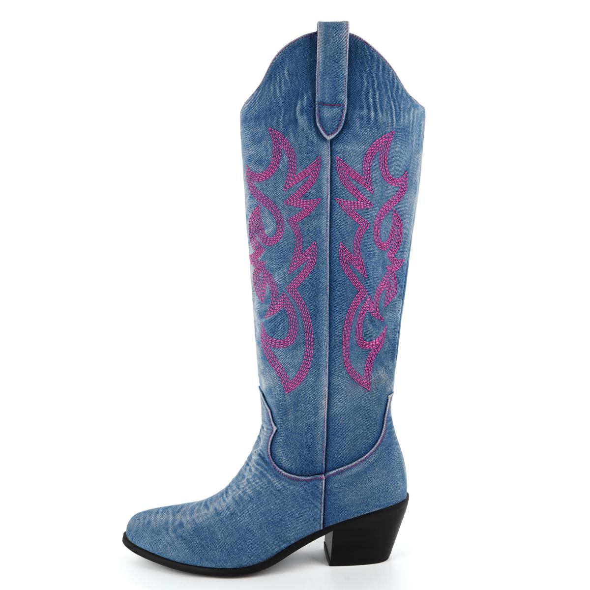 Denim Embroidery Western Knee High Boots