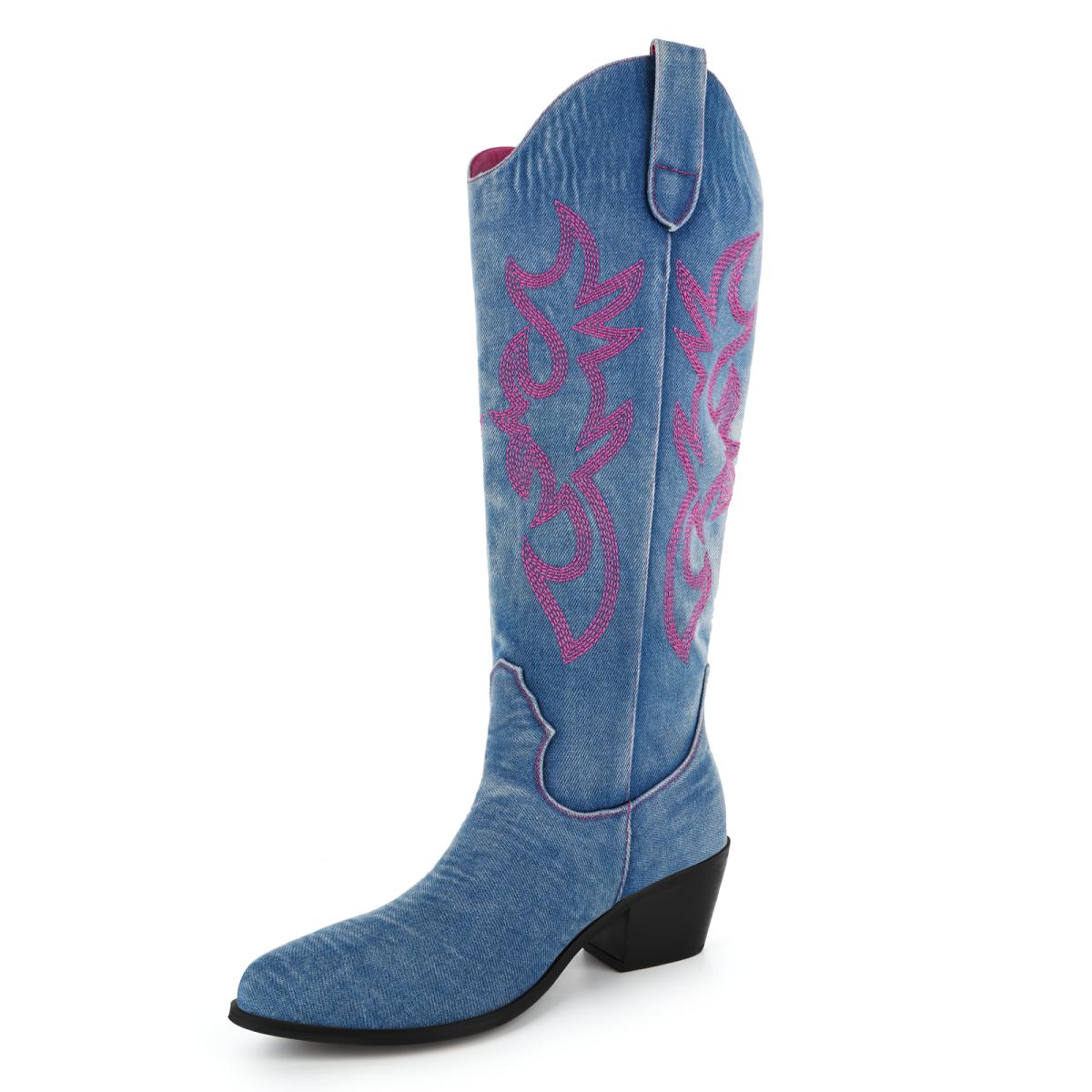 Denim Embroidery Western Knee High Boots