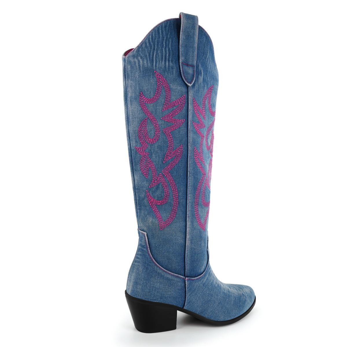 Denim Embroidery Western Knee High Boots