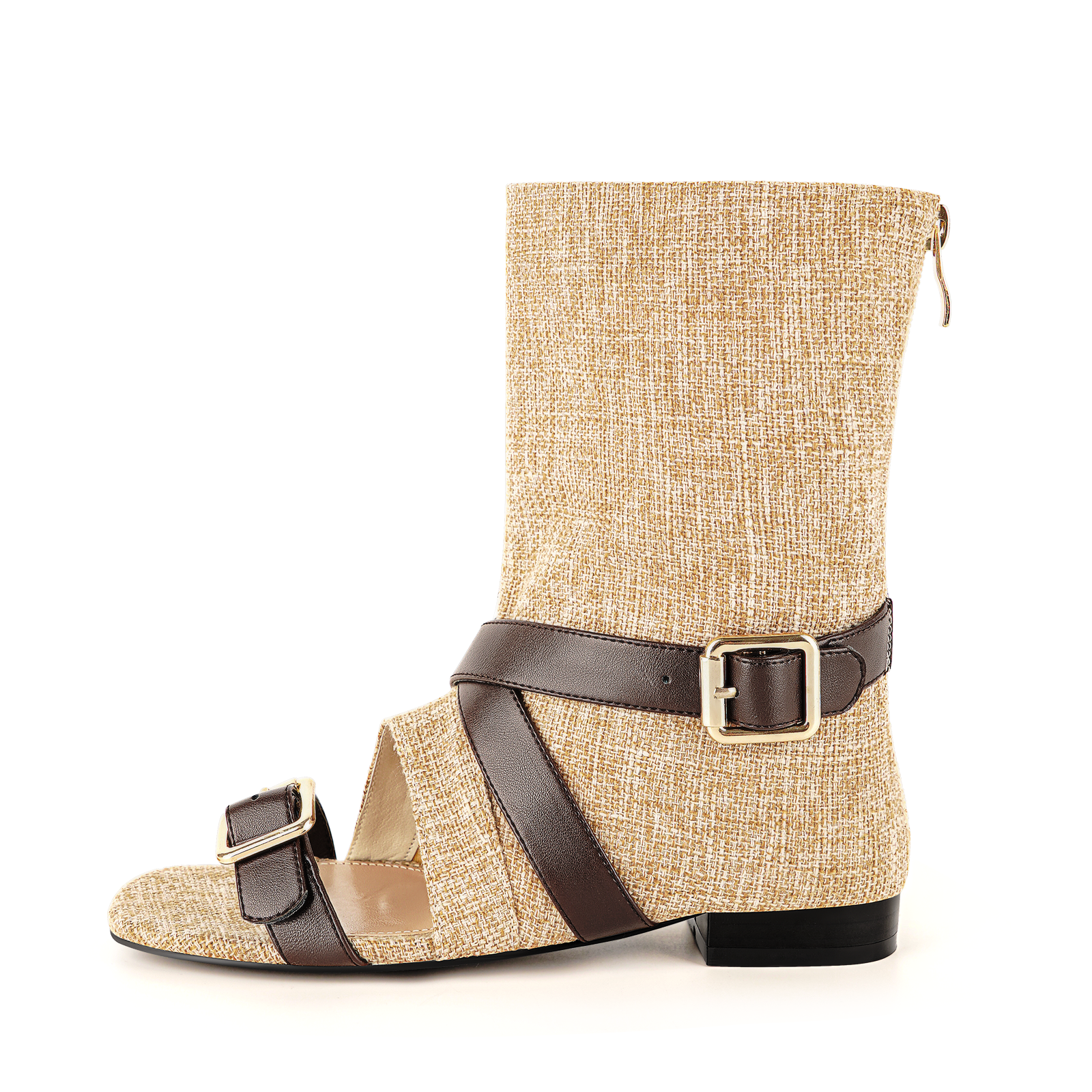 Square Toe Buckle Cutout Ankle Flat Boots