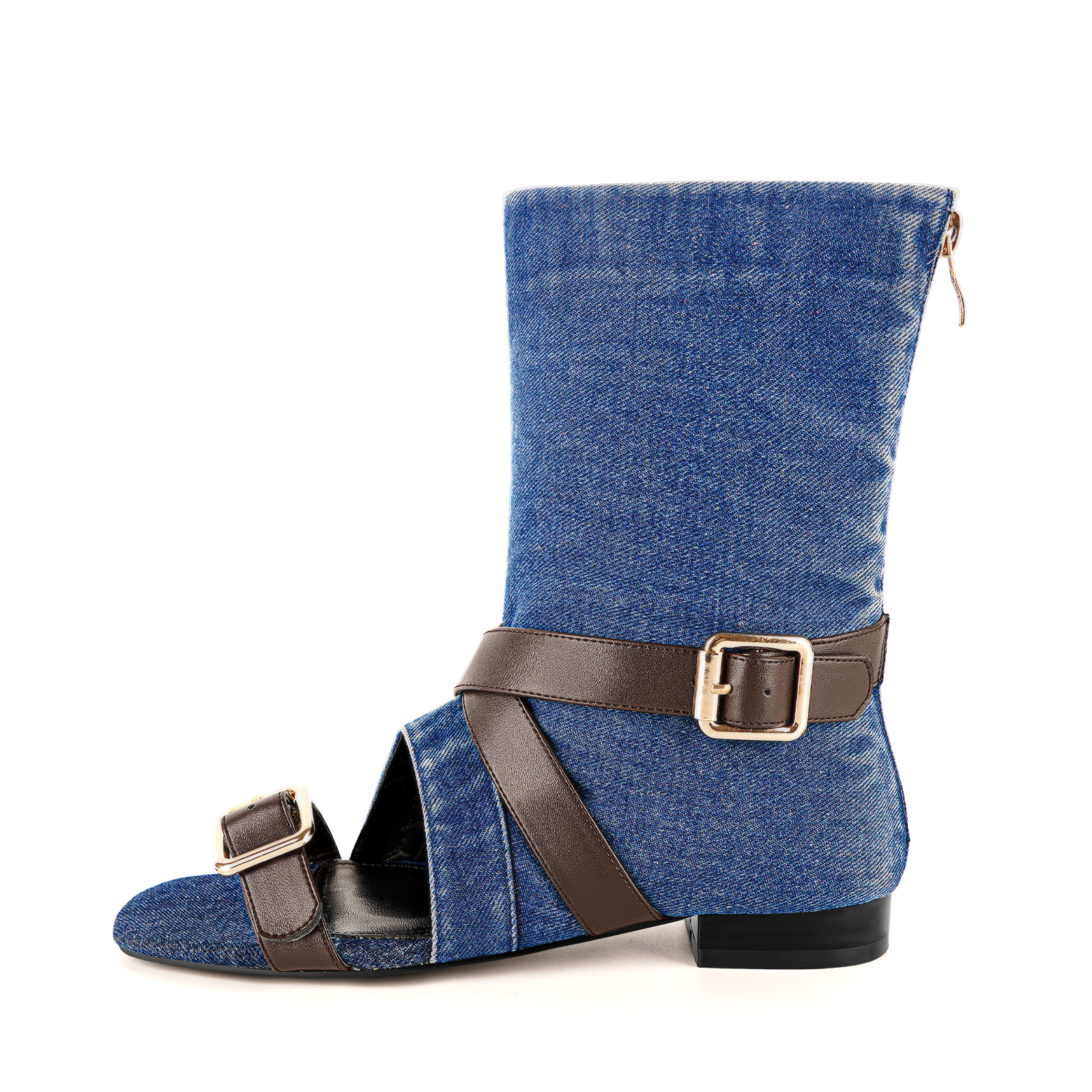Square Toe Buckle Cutout Ankle Flat Boots