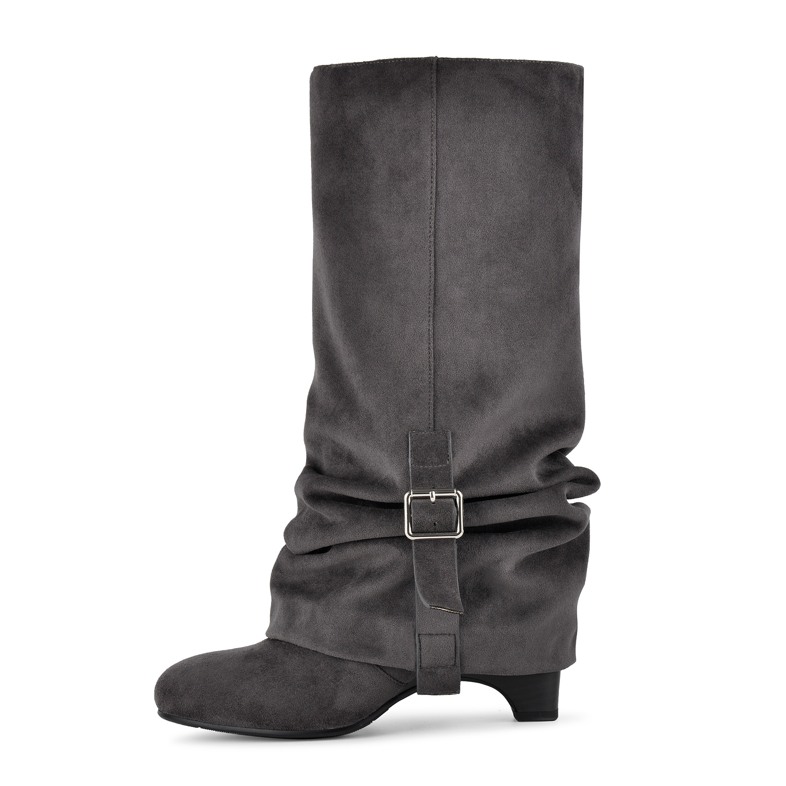 Suede Ruched Buckle Wedge Heel Mid-Calf Boots