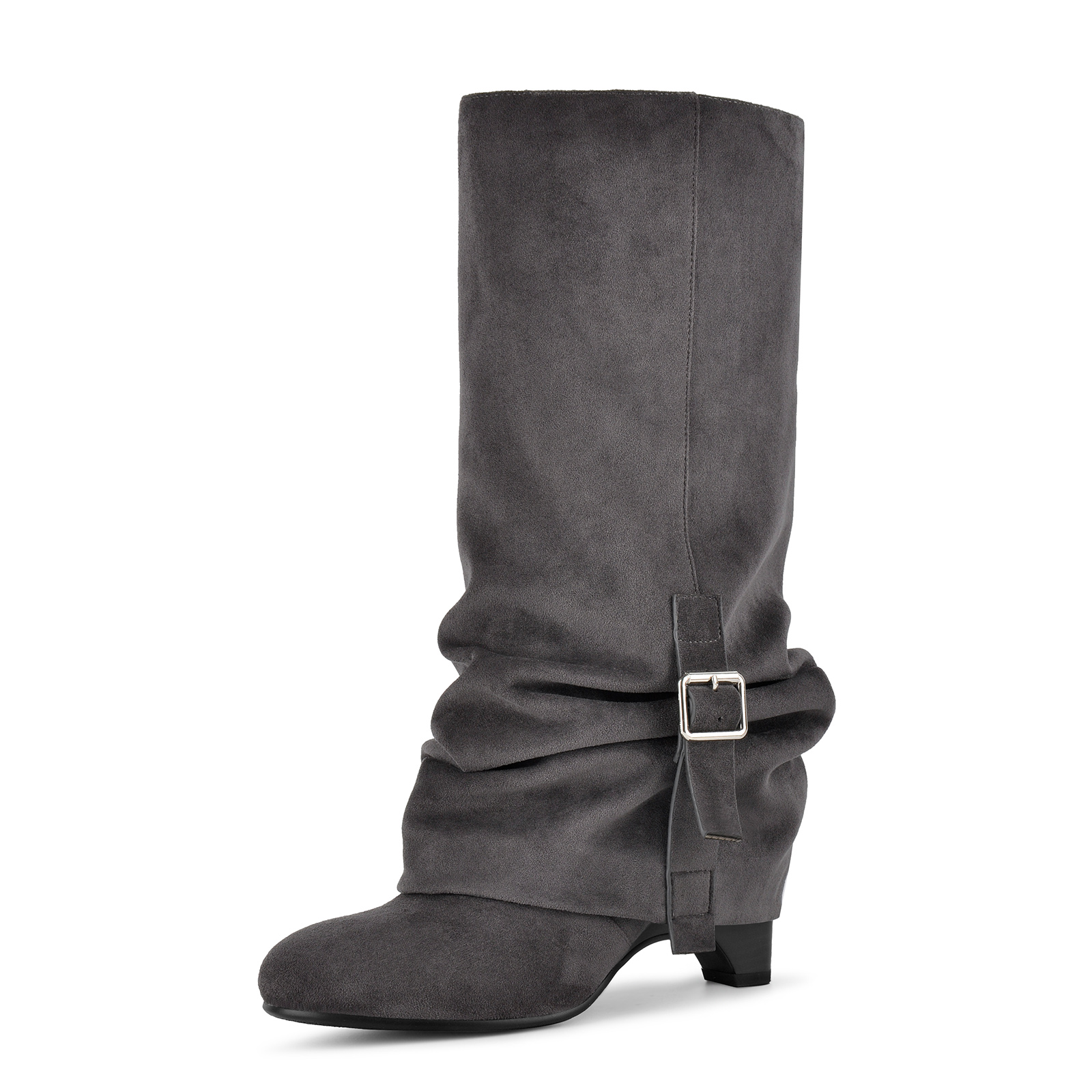 Suede Ruched Buckle Wedge Heel Mid-Calf Boots