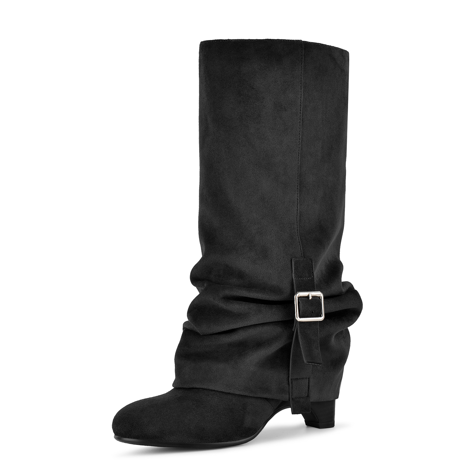 Suede Ruched Buckle Wedge Heel Mid-Calf Boots