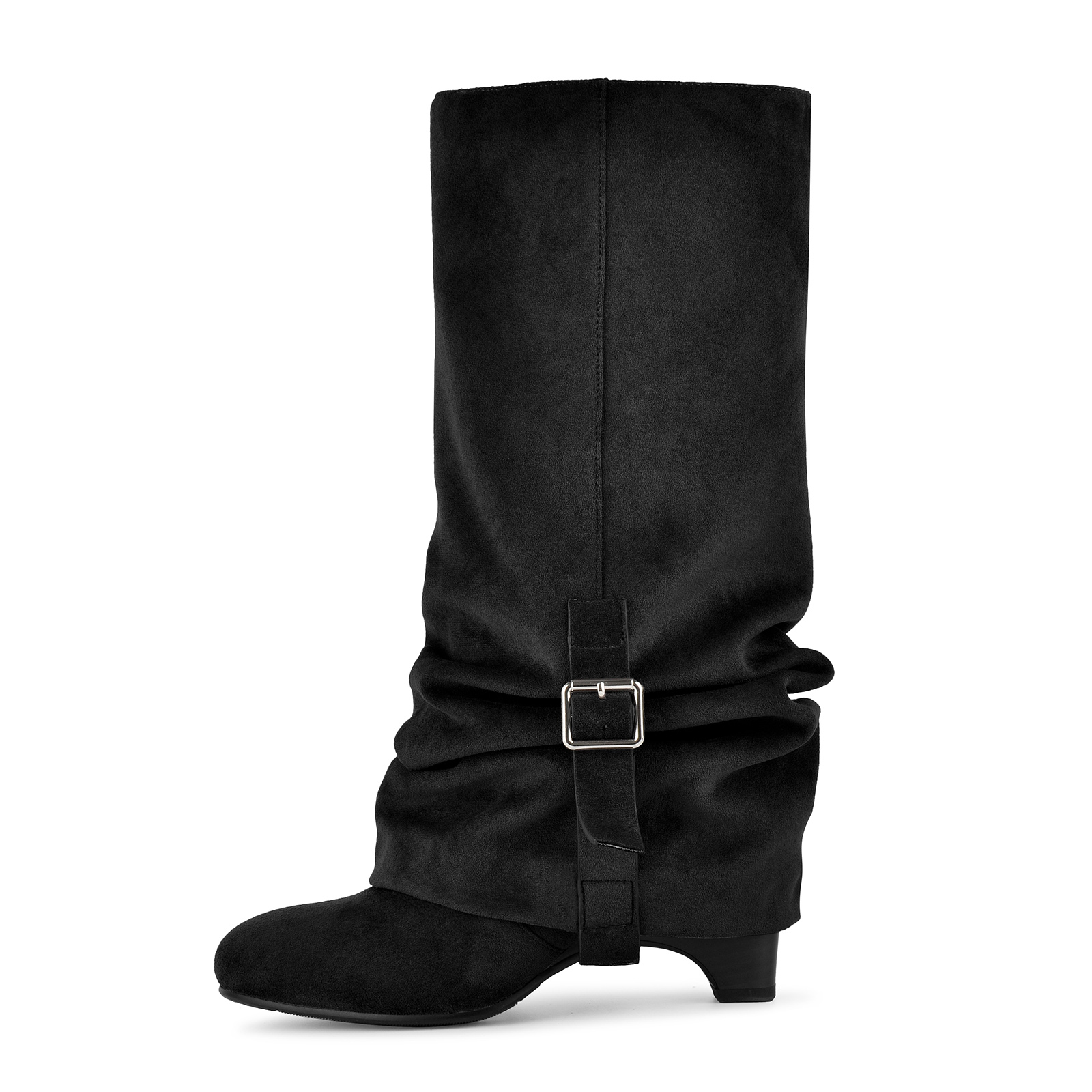 Suede Ruched Buckle Wedge Heel Mid-Calf Boots