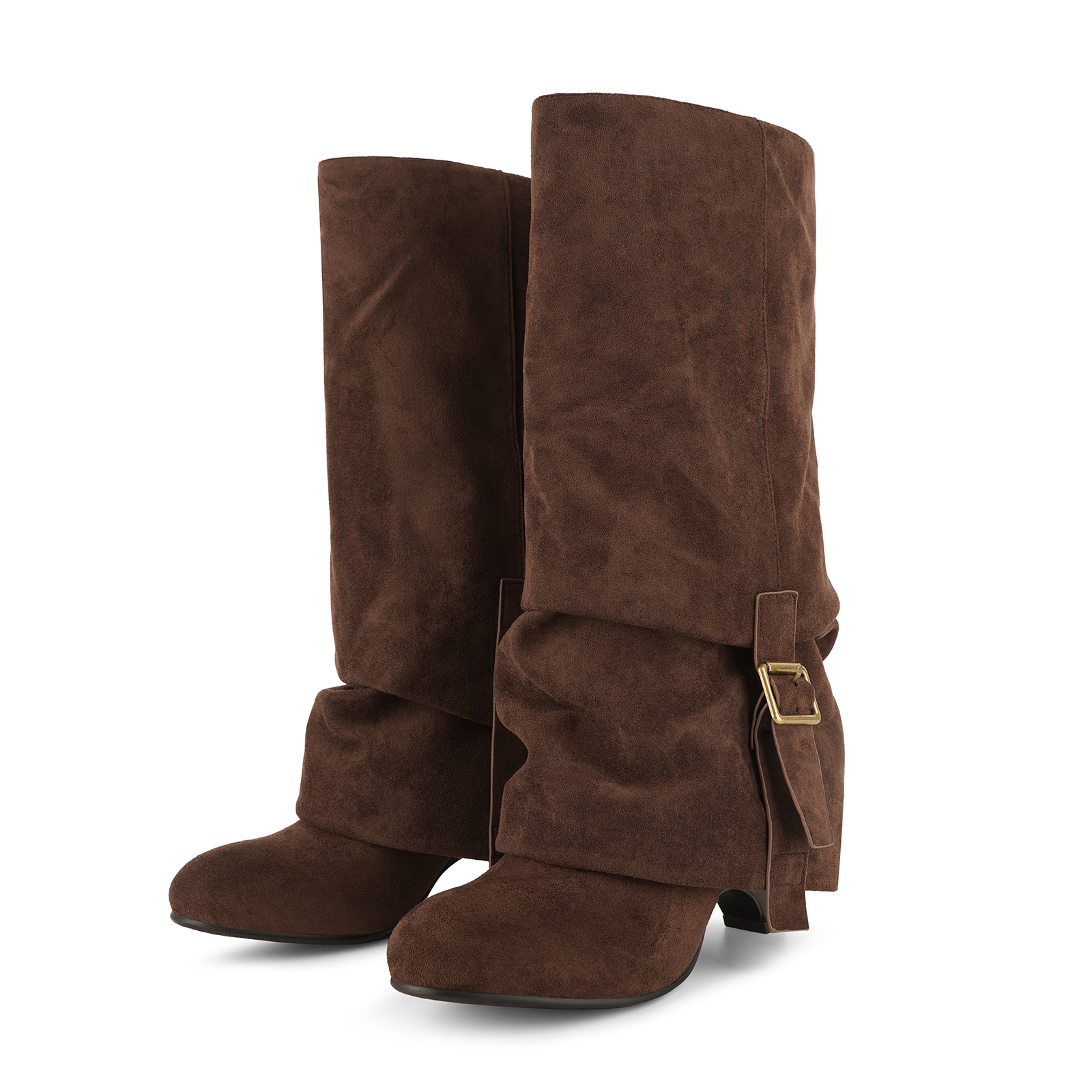 Suede Ruched Buckle Wedge Heel Mid-Calf Boots